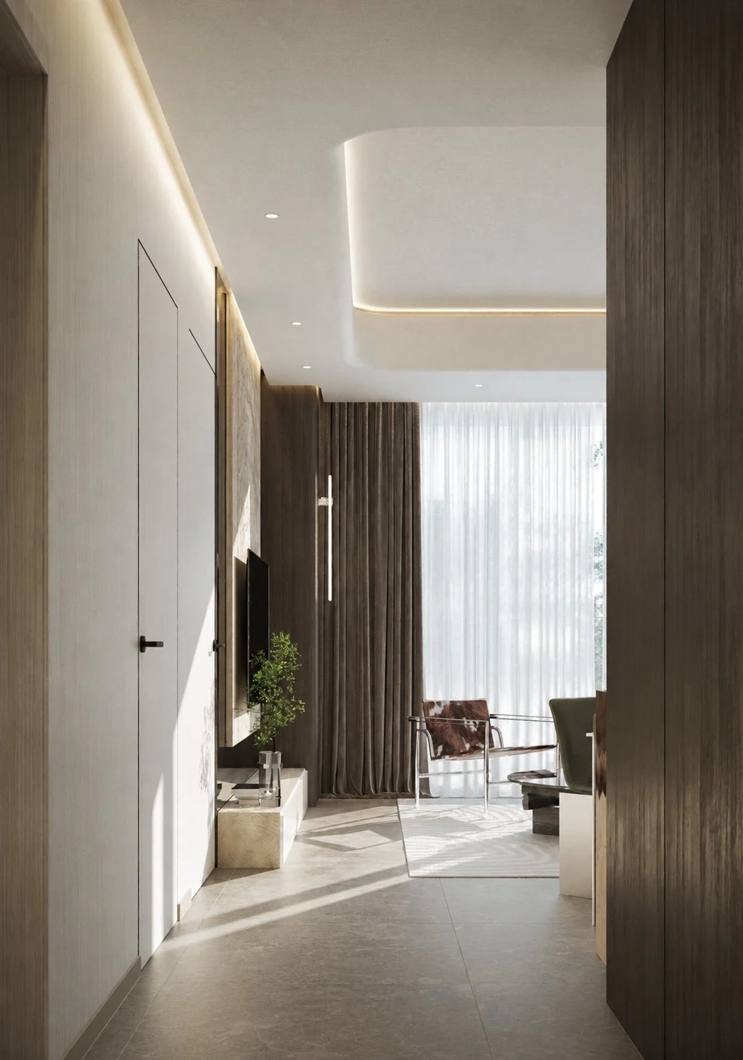 Thiết kế nội thất phòng khách căn hộ The Berkley Thảo Điền sofa cong tường gỗ vân dọc Grace Interiors