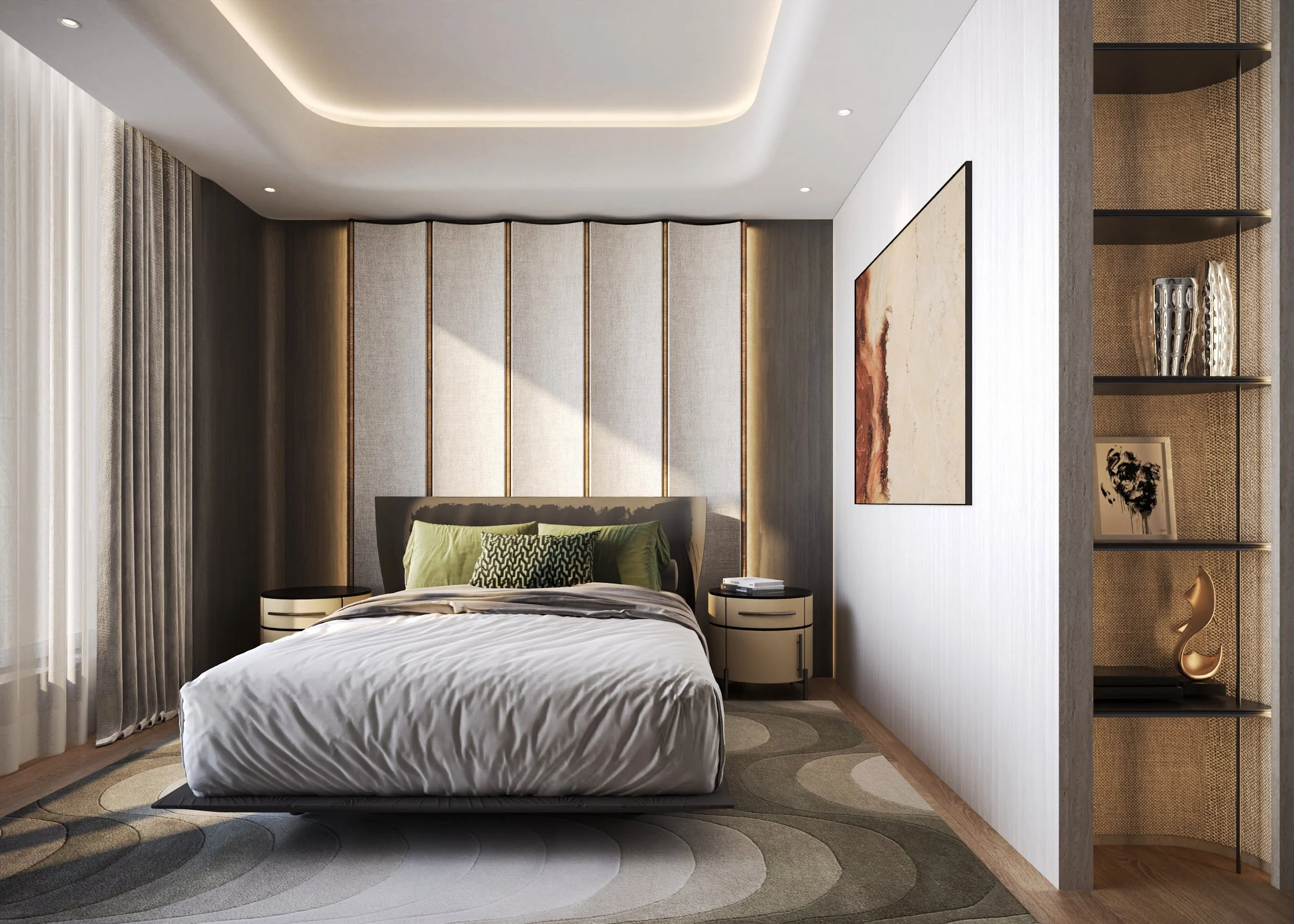 Thiết kế phòng ngủ chính The Berkley Thảo Điền đầu giường panel vải viền đồng thau Grace Interiors