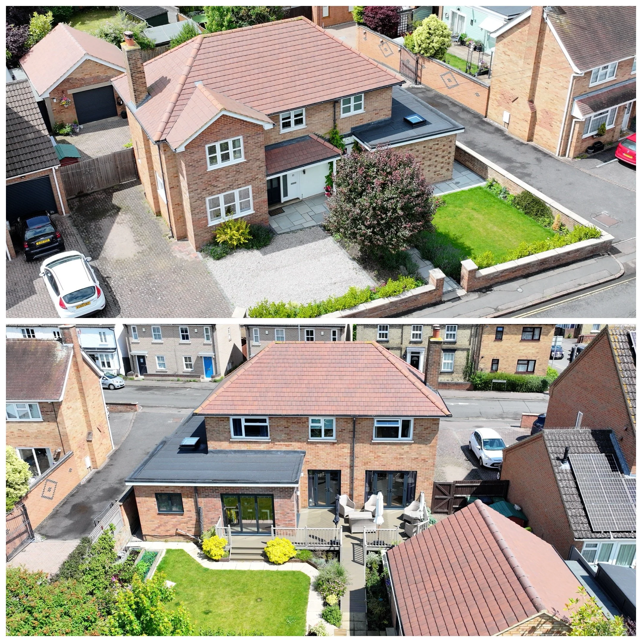 Two aerial views of a brick house with a pitched roof. The top image shows the front yard with a driveway, parked cars, and a garden with a flowering tree. The bottom image displays the back yard with a lawn, terrace with outdoor furniture, and garde
