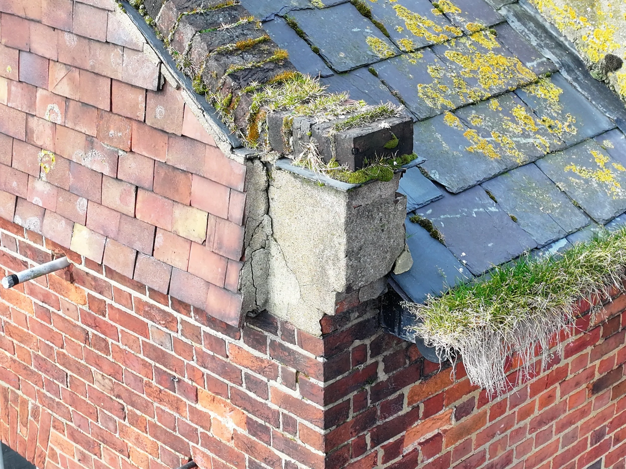 Close-up of a brick chimney on a rooftop, with moss, grass, and plants growing on the old, damaged areas of the roof and chimney.