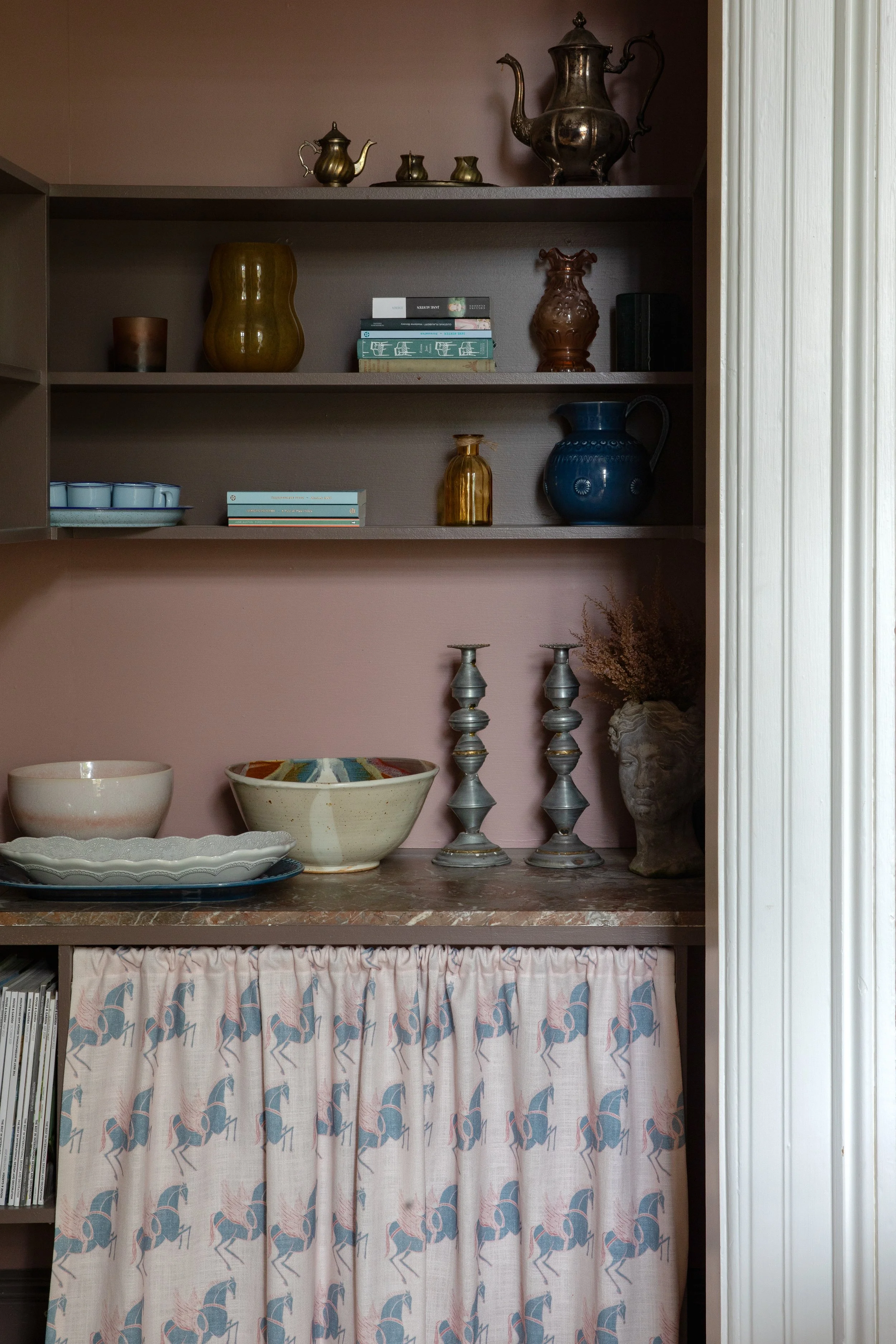 Dining room featuring a bespoke skirted console table and views to the kitchen in the Kenilworth Square Project, Dublin, by Porcha Design.