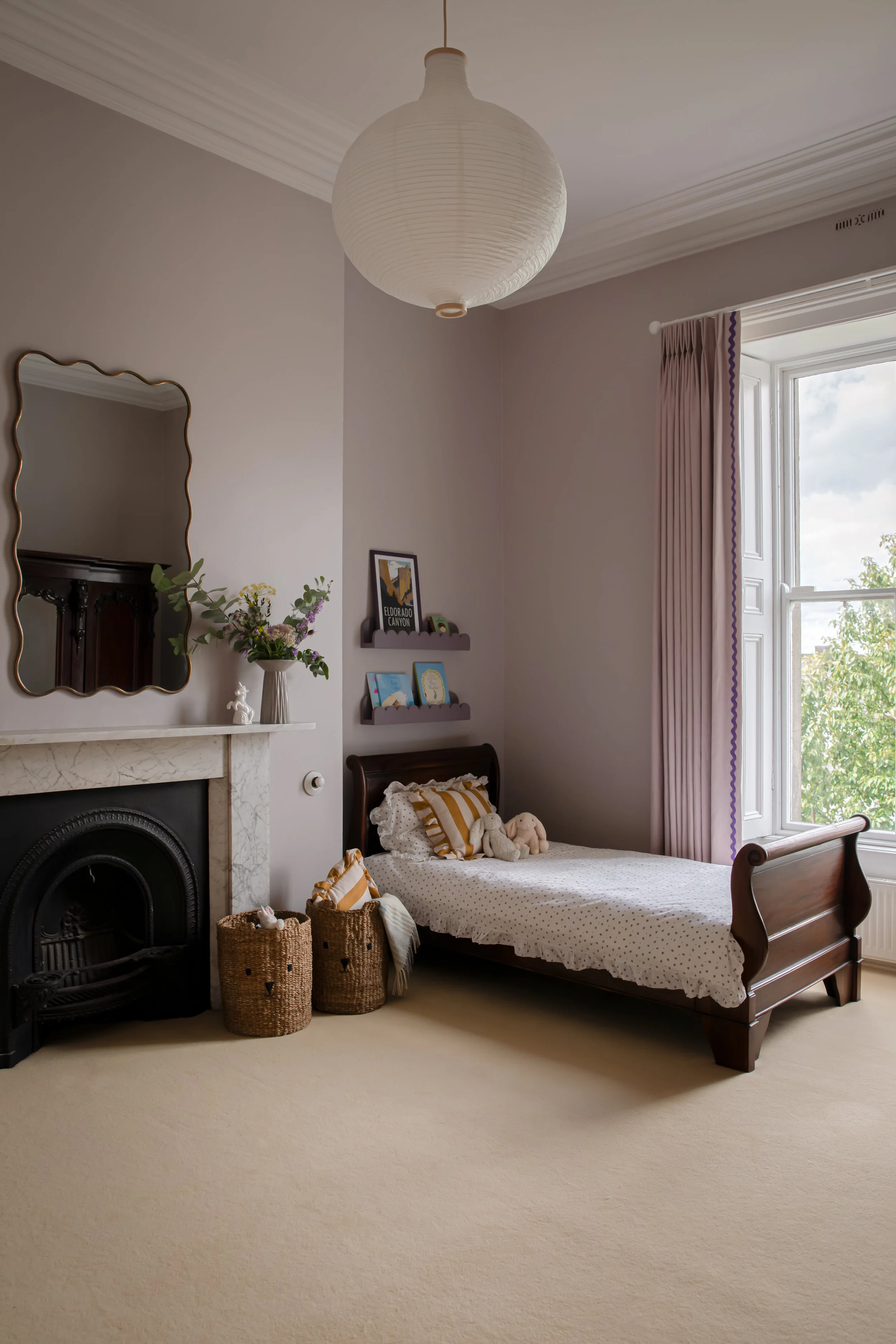 Children's bedroom with restored period features and bespoke soft furnishings in the Kenilworth Square Project, Dublin, by Porcha Design.