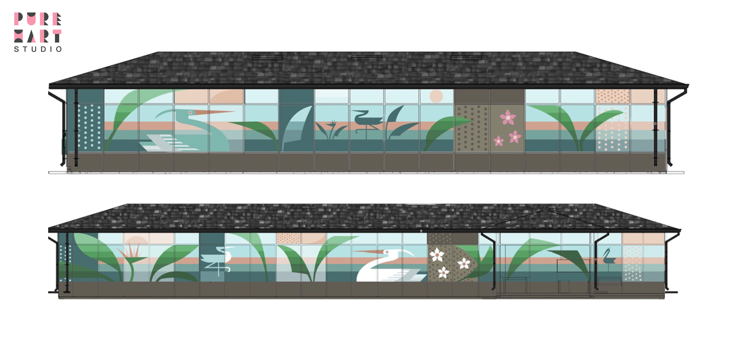 Design mockup showing both dog park facades as a unified compositional system — the heron, botanical forms, and dot pattern panels designed to rhyme across both buildings and give residents a coherent visual world throughout the community.