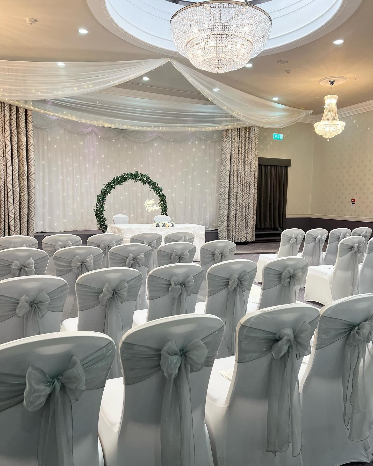 Natalie &amp; Lukes special day 🩶

We provided chair covers &amp; dove grey silk organza sash and our white sparkly table skirt ✨