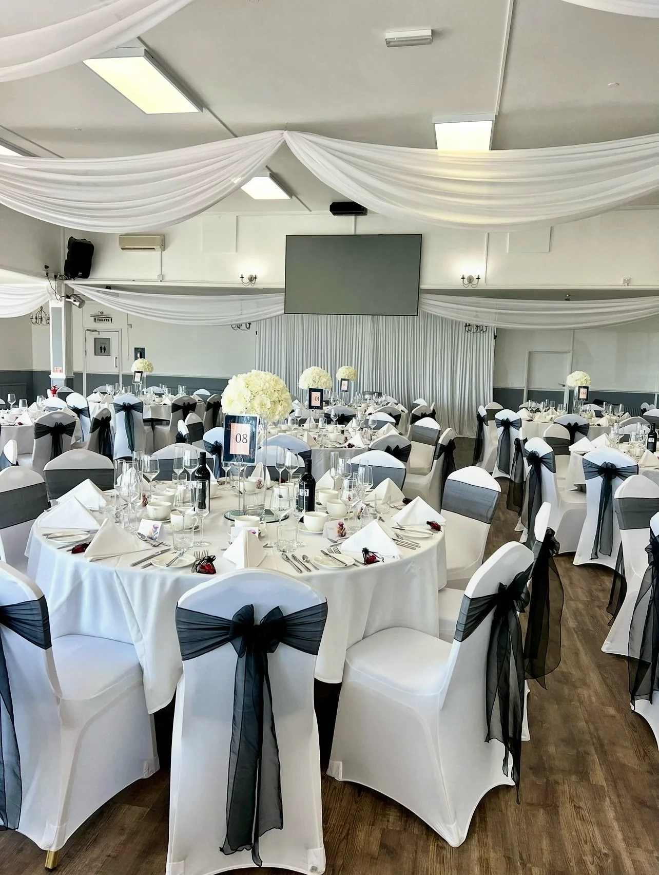 We had the pleasure of looking after Fran &amp; Mike for their special day on Friday 💍✨ 

We loved their monochrome vision, we provided white chair covers with black organza sashes &amp; our tall glass cylinder centre pieces with floral tops 🤍

For