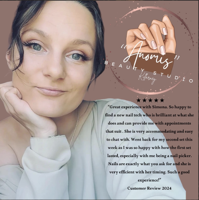 A woman with short dark hair, light eye makeup, and a white top, resting her chin on her hand, smiling slightly, with a pink background and graphic promoting Anous Beauty Studio, featuring a hand with manicured nails and a customer review about a nail technician.