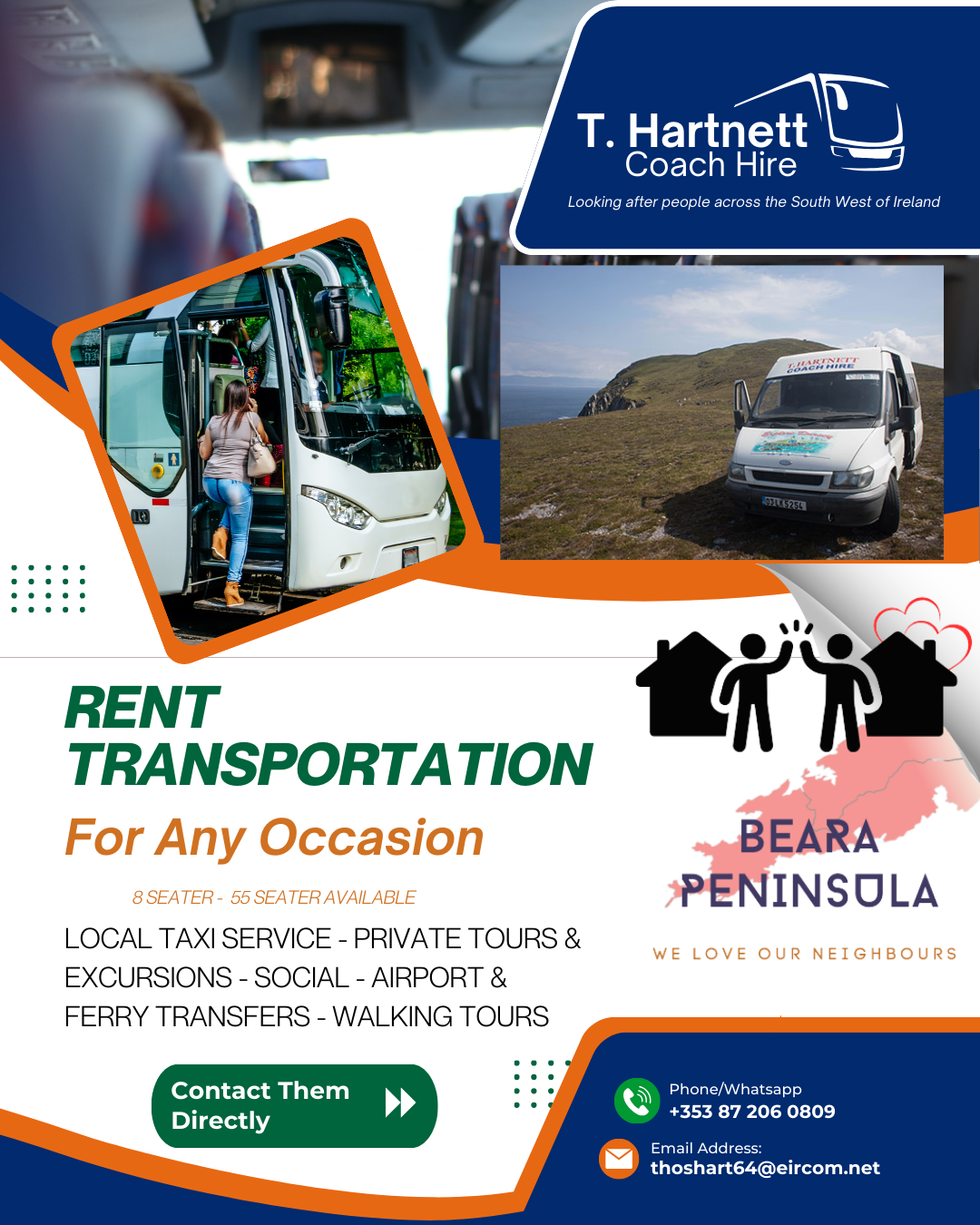 Promotional flyer for T. Hartnett Coach Hire, offering transportation services in the South West of Ireland, including taxi service, private tours, and transfers. Features images of buses, the Beara Peninsula, and contact information.