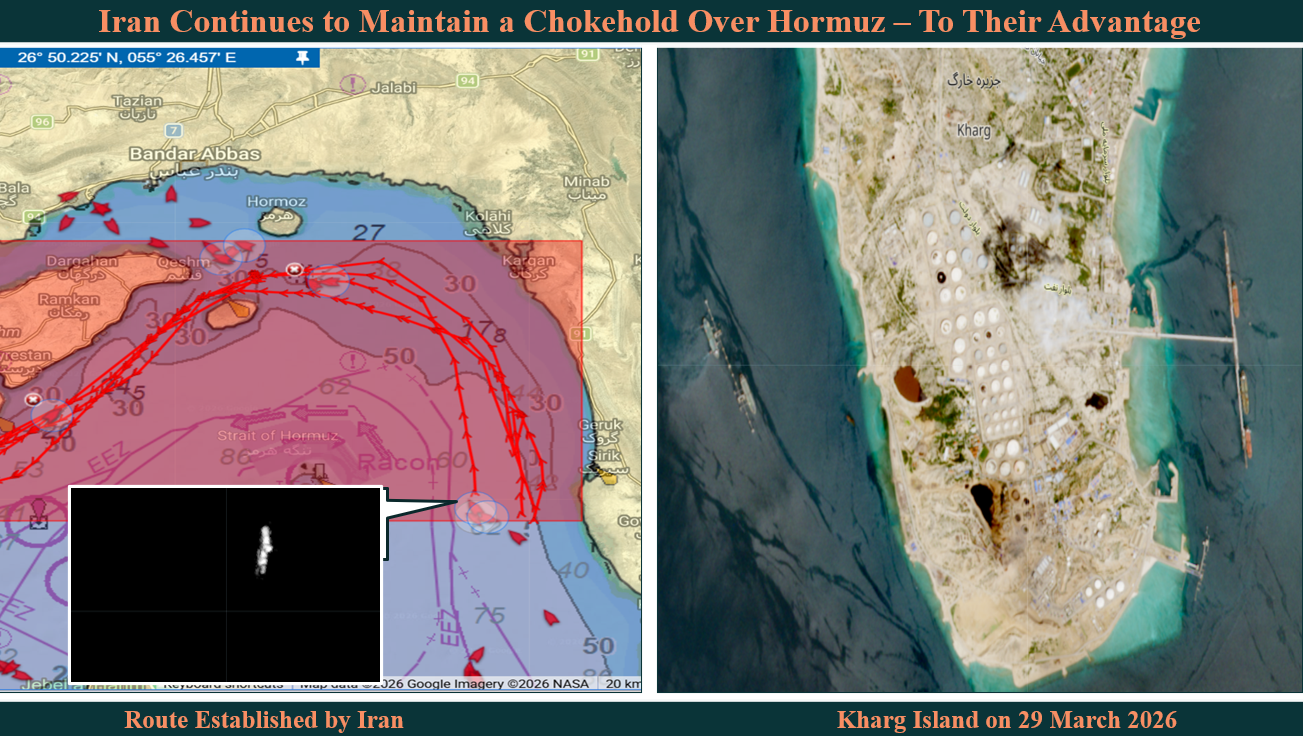 Satellite imagery from the 29th of March shows five tankers, including three VLCCs, loading in Kharg Island.