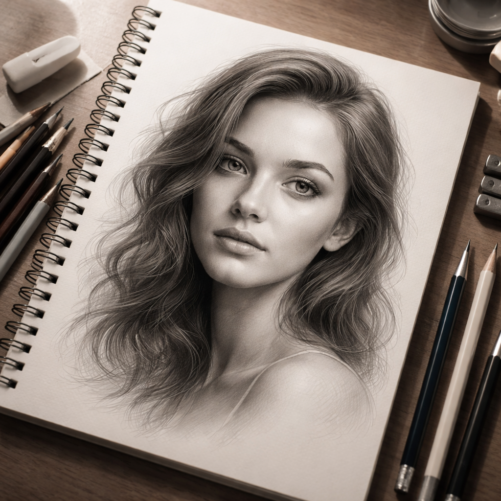 Drawing pad with Portrait drawing surrounded by pencil and blending stumps