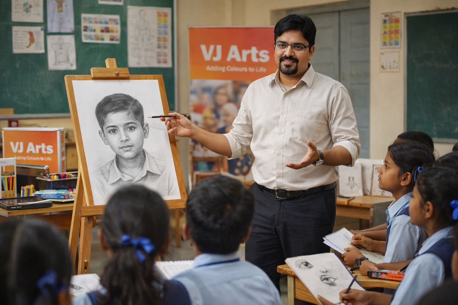 Artist Vargeese teaching group of school students
