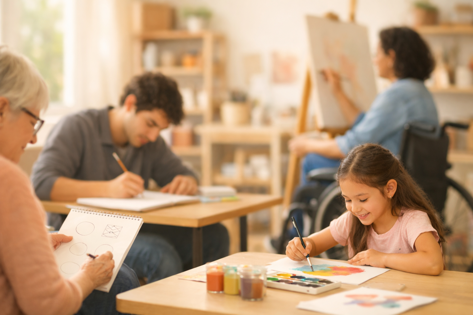 Artist & students with different ages learning art in VJ Art Studio
