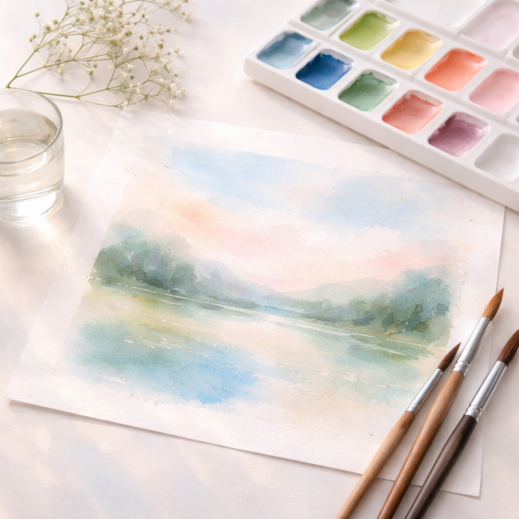 Nature scenery on a A4 sheet with watercolor medium