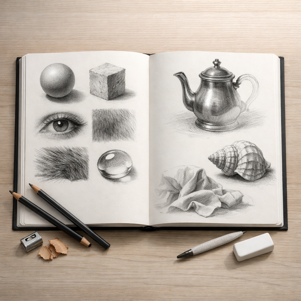 Hard Bound Sketch book with drawing of different texture and objects