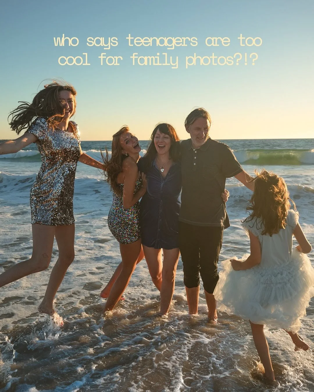 Sequins, sparkles, saltwater, and absolutely no hesitation &mdash; this crew dove headfirst into the ocean in full glam. Whoever says teenagers are too cool for family photos has never met these legends. 
10/10 would get soaked again. 🪩✨💃💖🕺🌊 
#m