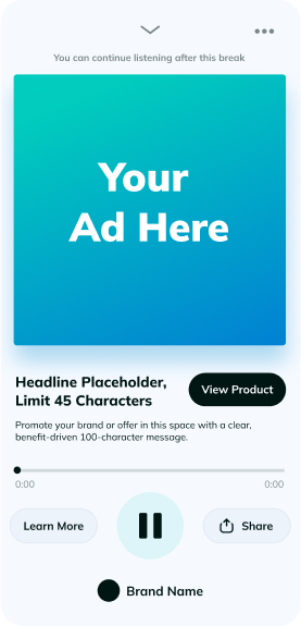Mobile app screen with a placeholder ad banner, buttons for 'Learn More,' 'Pause,' and 'Share,' and a section for brand information.