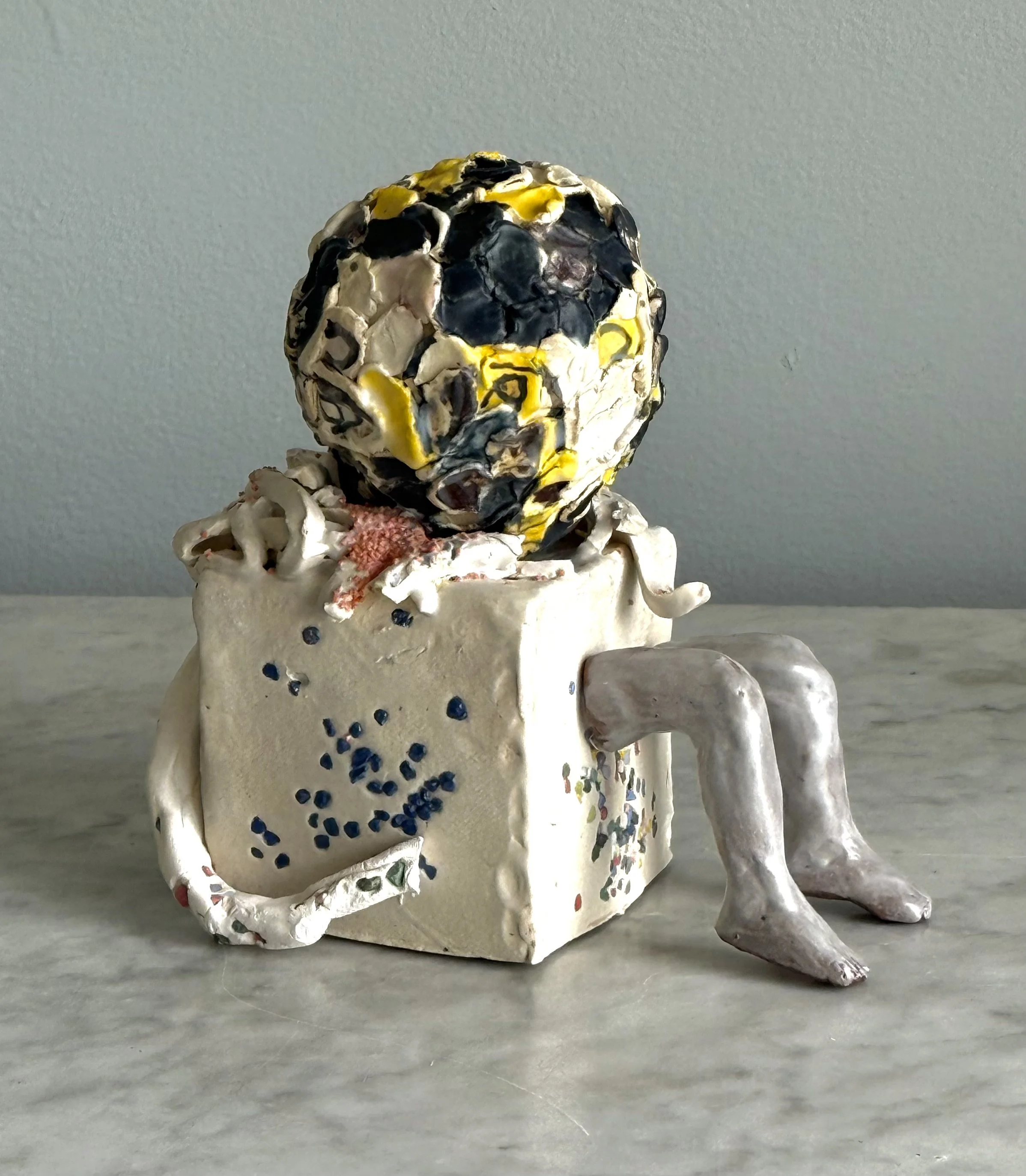 BoxedHead/GreyLegs, glazed ceramic, 6" x 6", 2026