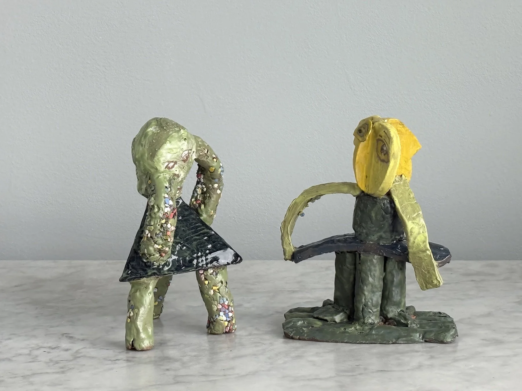 Yellow and Green Chameleons, Approx. size 6" x 6", glazed ceramic, 2026