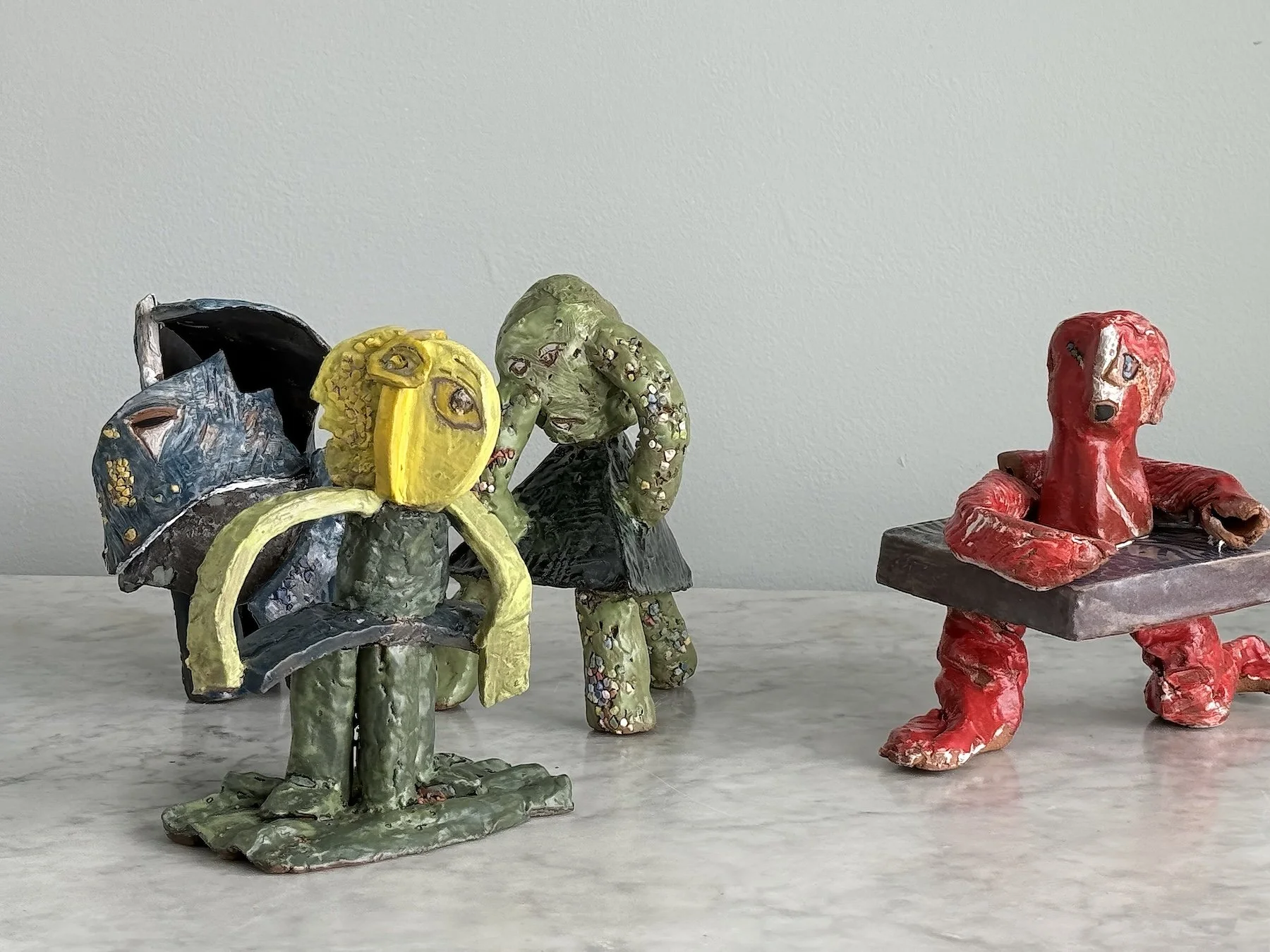 Four Chromatic Primary Chameleons, glazed ceramic, each approximately 6" x 6", 2026