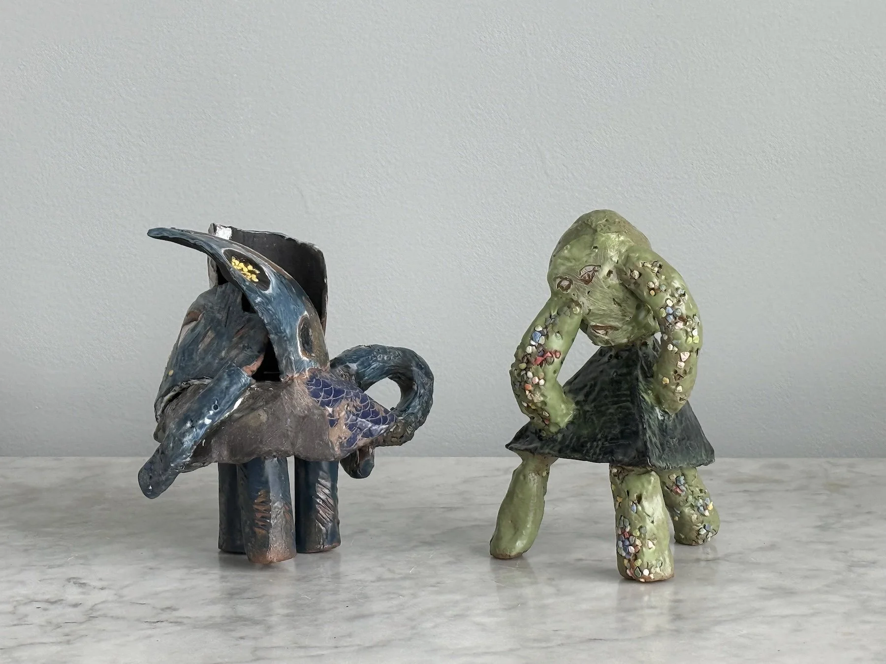 Blue and Green Chameleons, glazed ceramic, each approximately 6" x 6", 2026