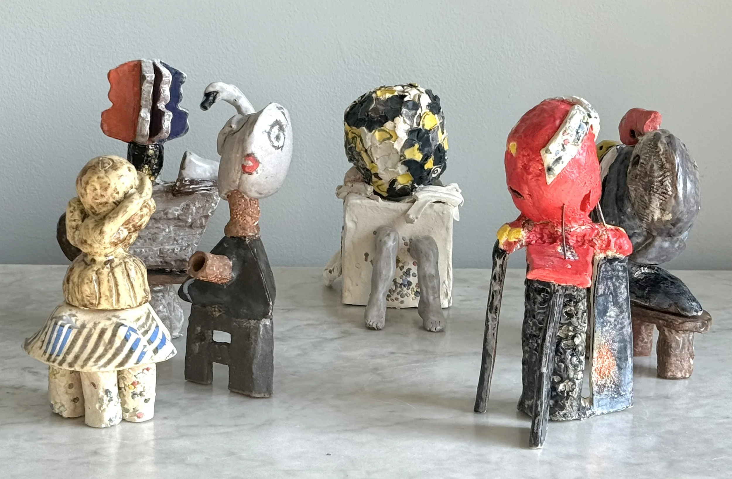 6 Chameleons Gathering, glazed ceramic, each approx. 6" x 6", 2026