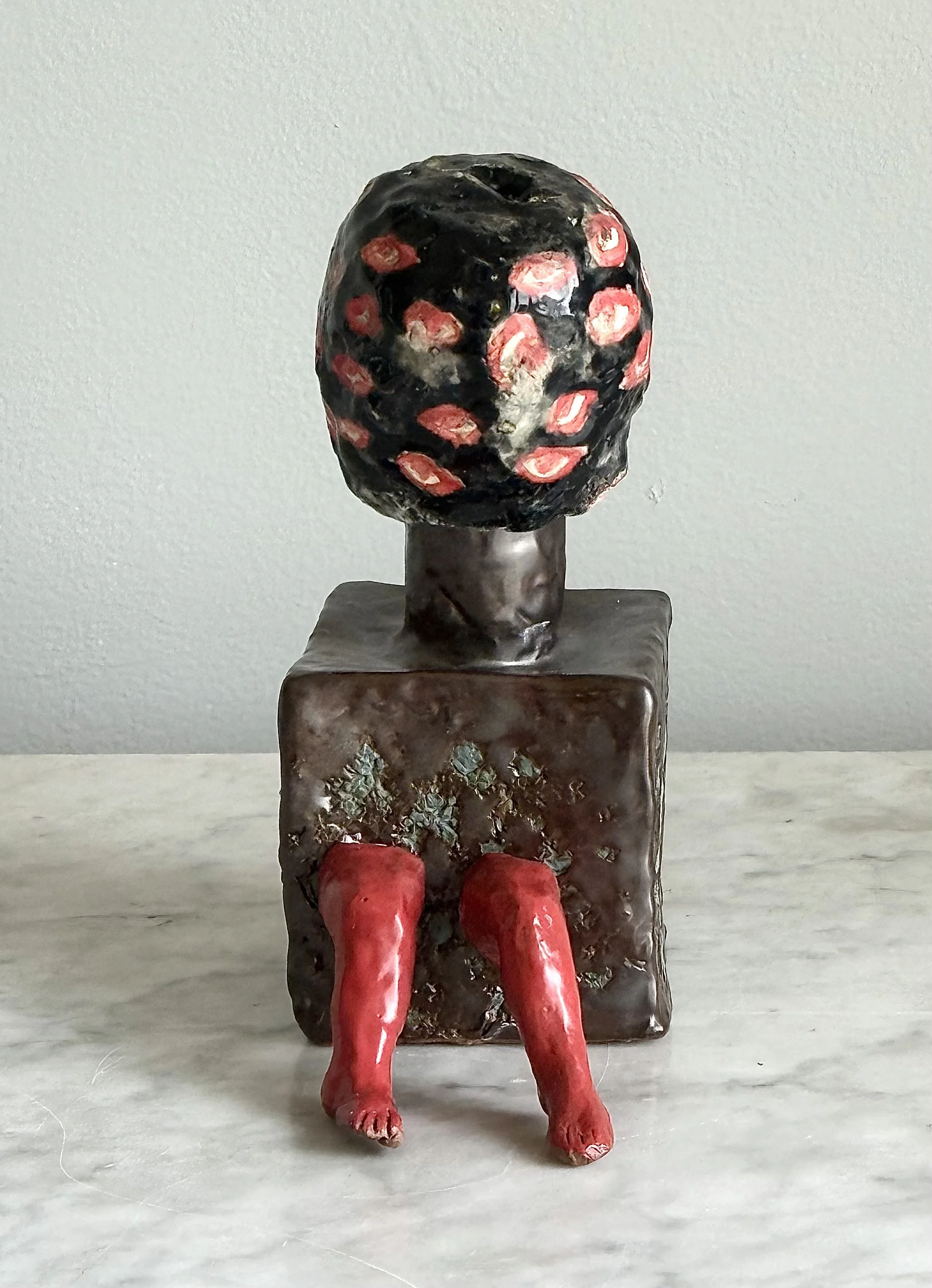 Boxed Head/Red Legs, glazed ceramic, 6" x 6", 2026