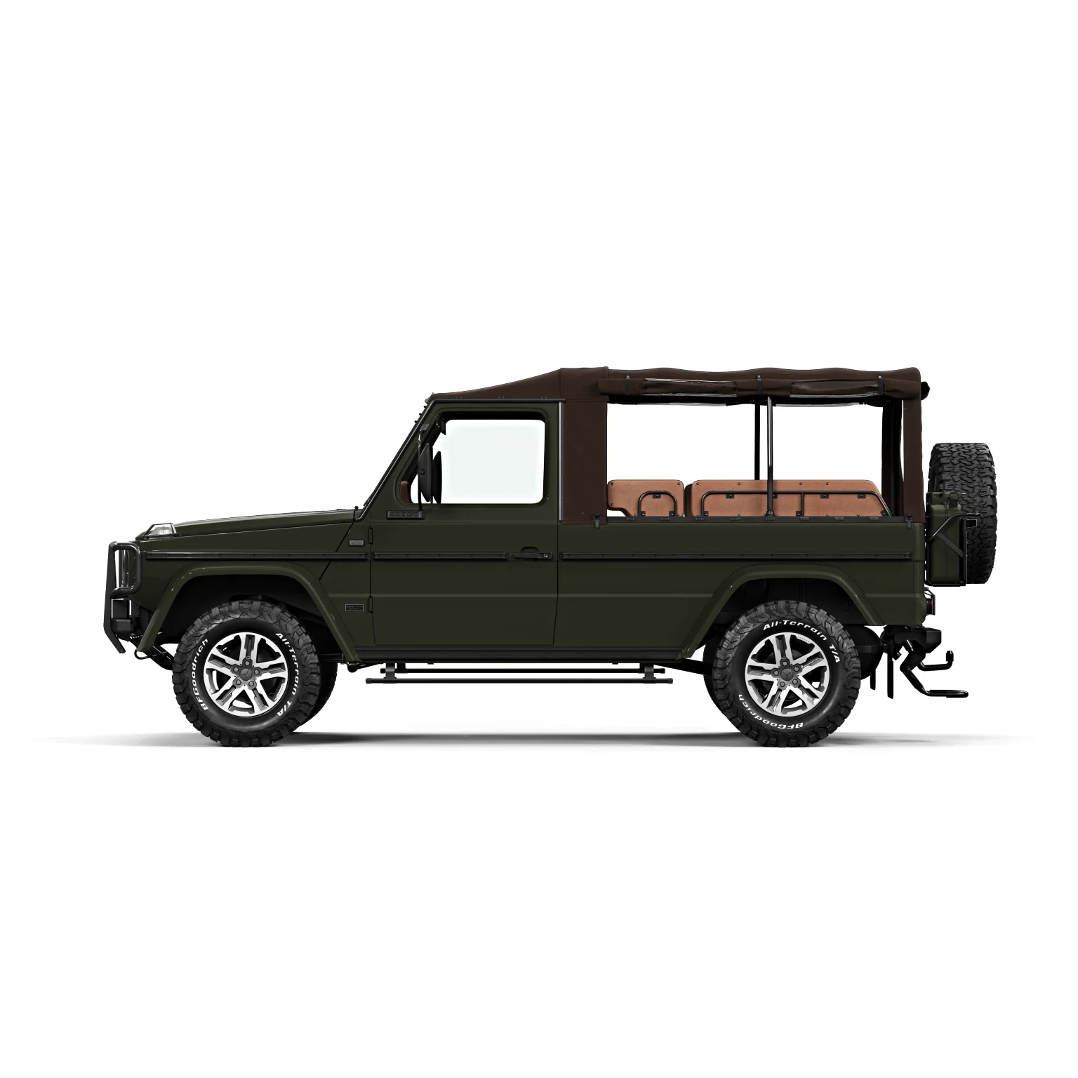 Black Olive vintage-style off-road Mercedes-Benz G-Class vehicle with front grille and large tires