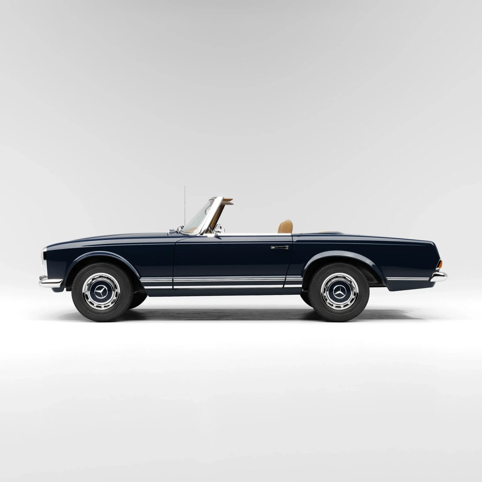A vintage midnight blue Mercedes-Benz convertible car with a beige interior, set against a plain white background.