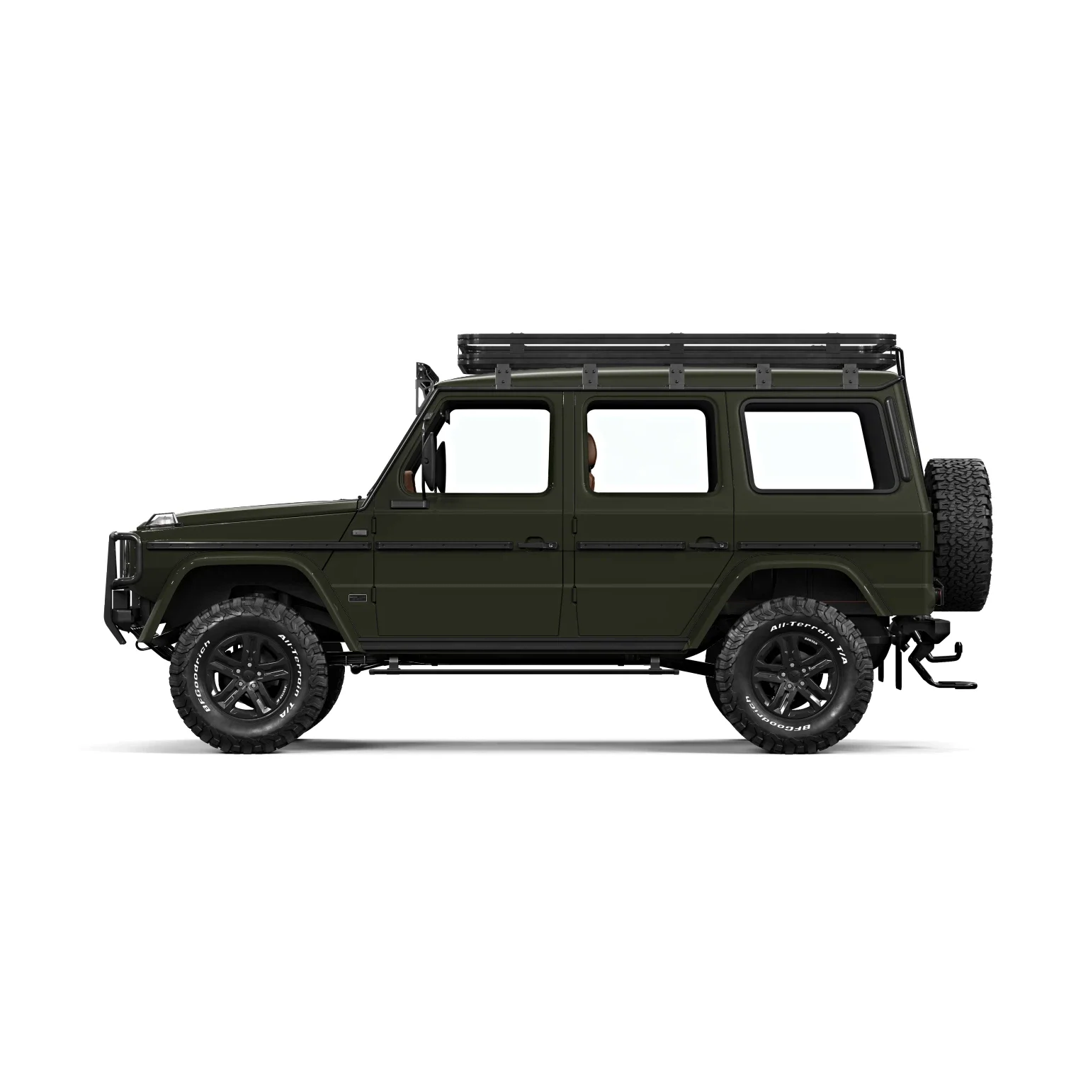 A green vintage-style Mercedes-Benz off-road utility vehicle with large tires and a tan interior, front view.