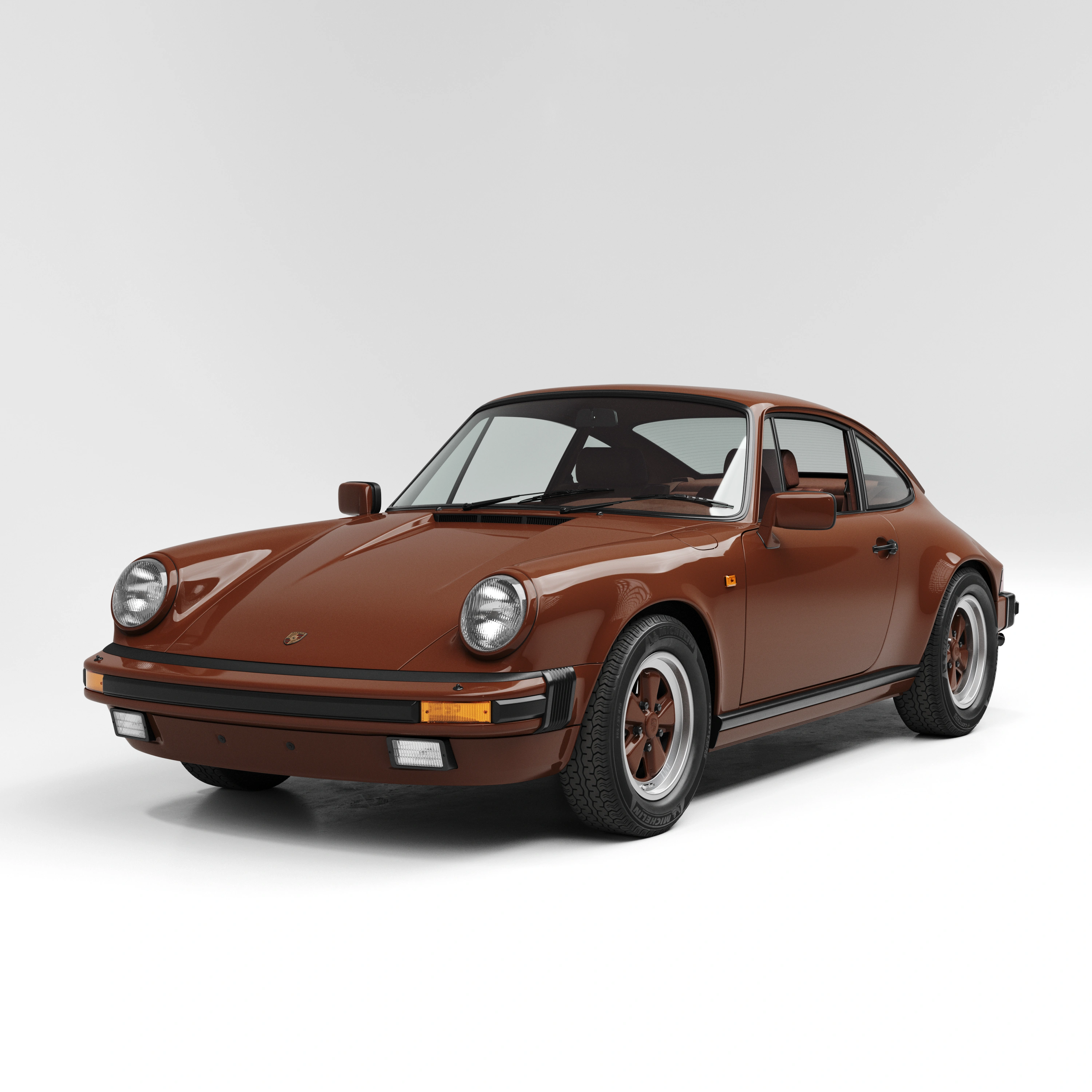 A white classic Porsche 911 sports car with brown interior, black accents, and a sleek, vintage design.