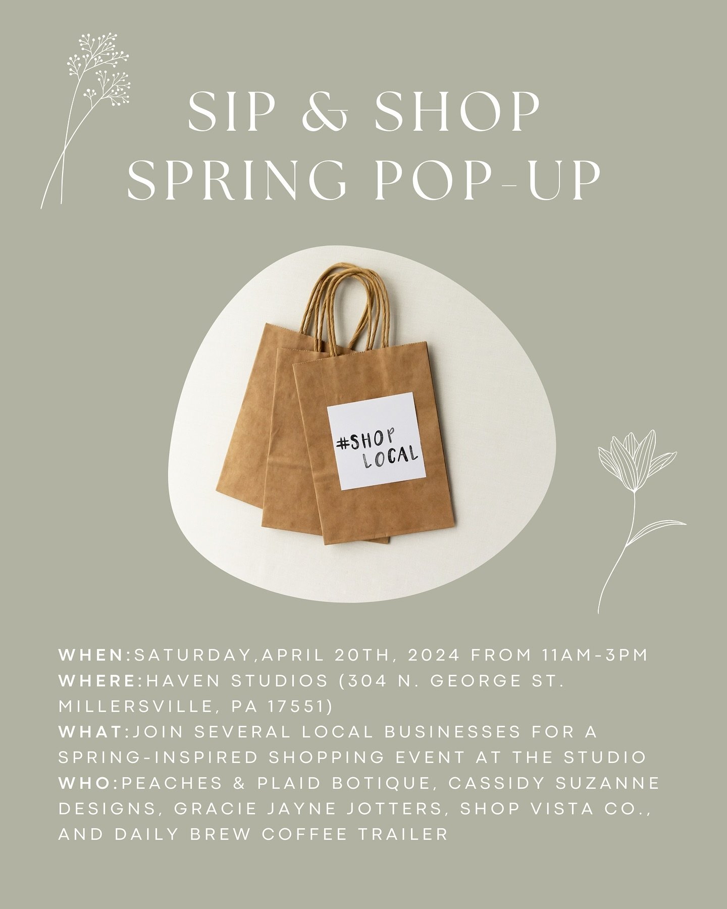 Join us for yet another fun spring event at the studio🌸 

Come out and #shoplocal from several small businesses on April 20th, 2024 from 11am-3pm! Shop from our amazing vendors; @peaches__andplaid @graciejaynejotters @shopvista.co @csuzannedesigns a