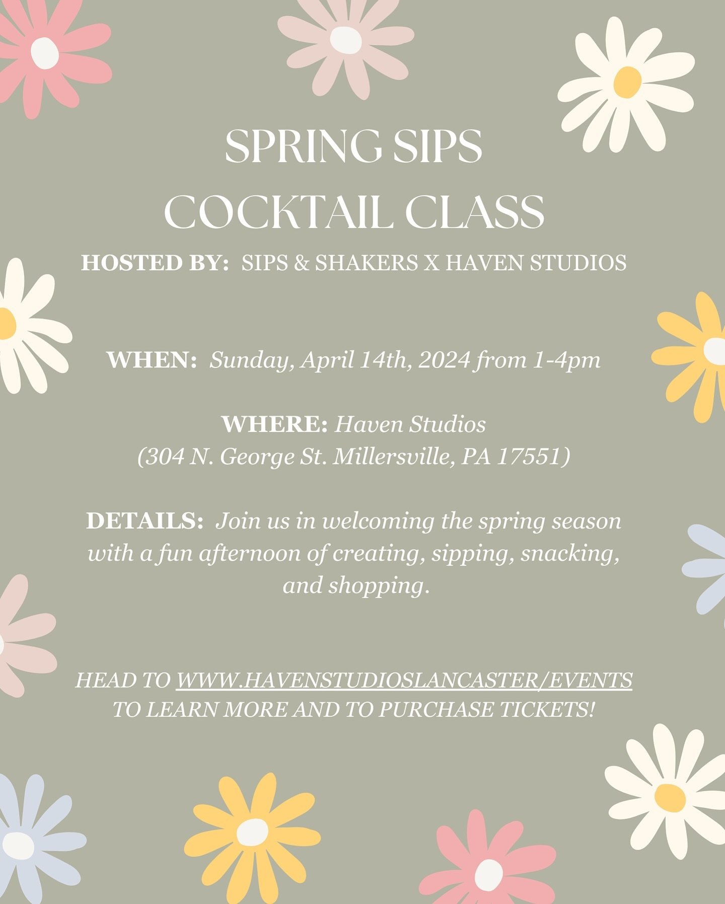 Join Haven, @sipsandshakersbartending and several other locally owned businesses by welcoming the spring season with a fun afternoon of creating, sipping, snacking, and shopping on Sunday, April 14th from 1-4pm at the studio🌸

Kelly, from Sips and S
