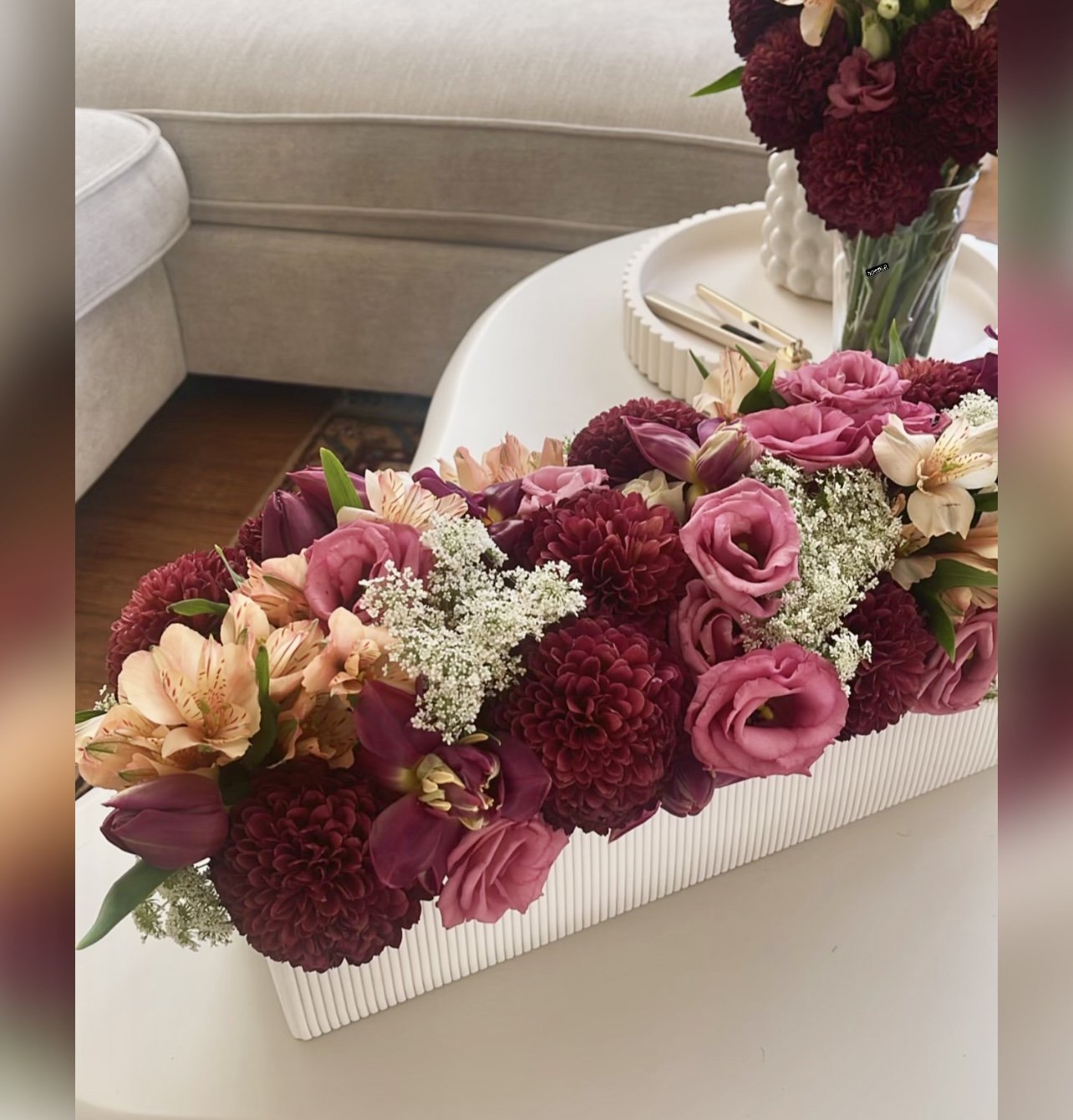 Corporate event centerpieces Boston MA, Corporate dinner floral centerpieces Boston, Long and low centerpiece Boston,