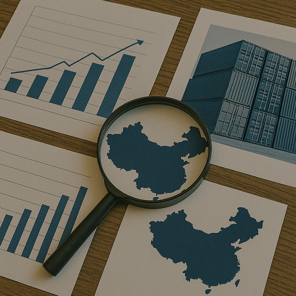 Magnifying glass over a map of China, surrounded by charts and images related to logistics and trade.