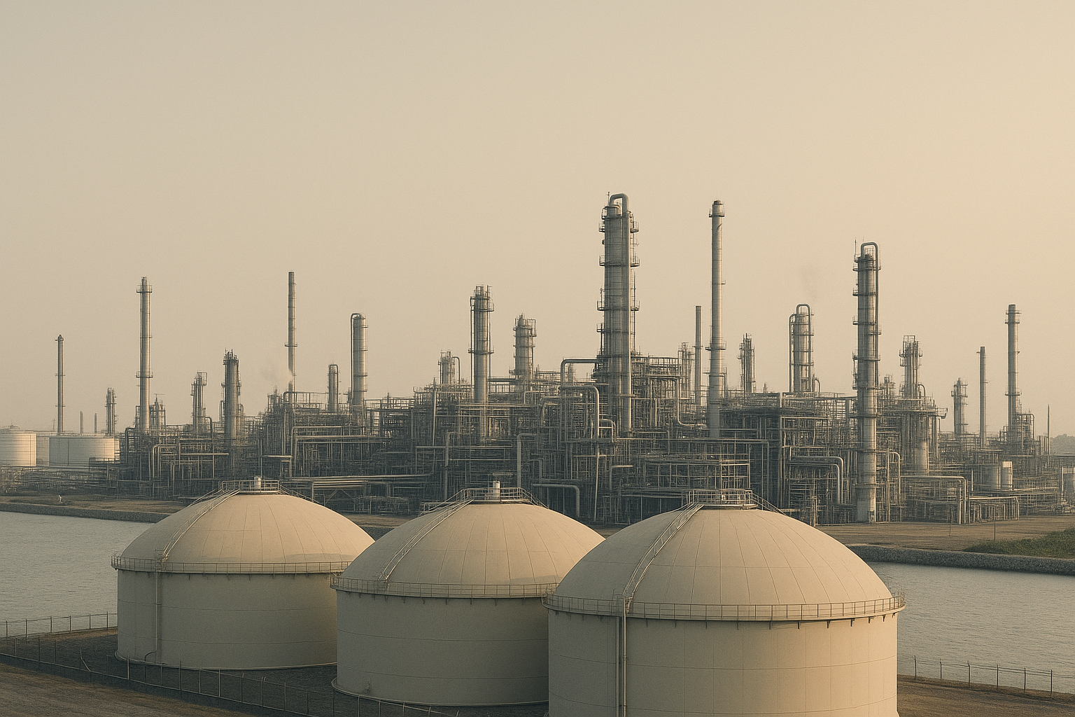 A large industrial oil refinery with multiple tall chimneys and storage tanks situated near a body of water.