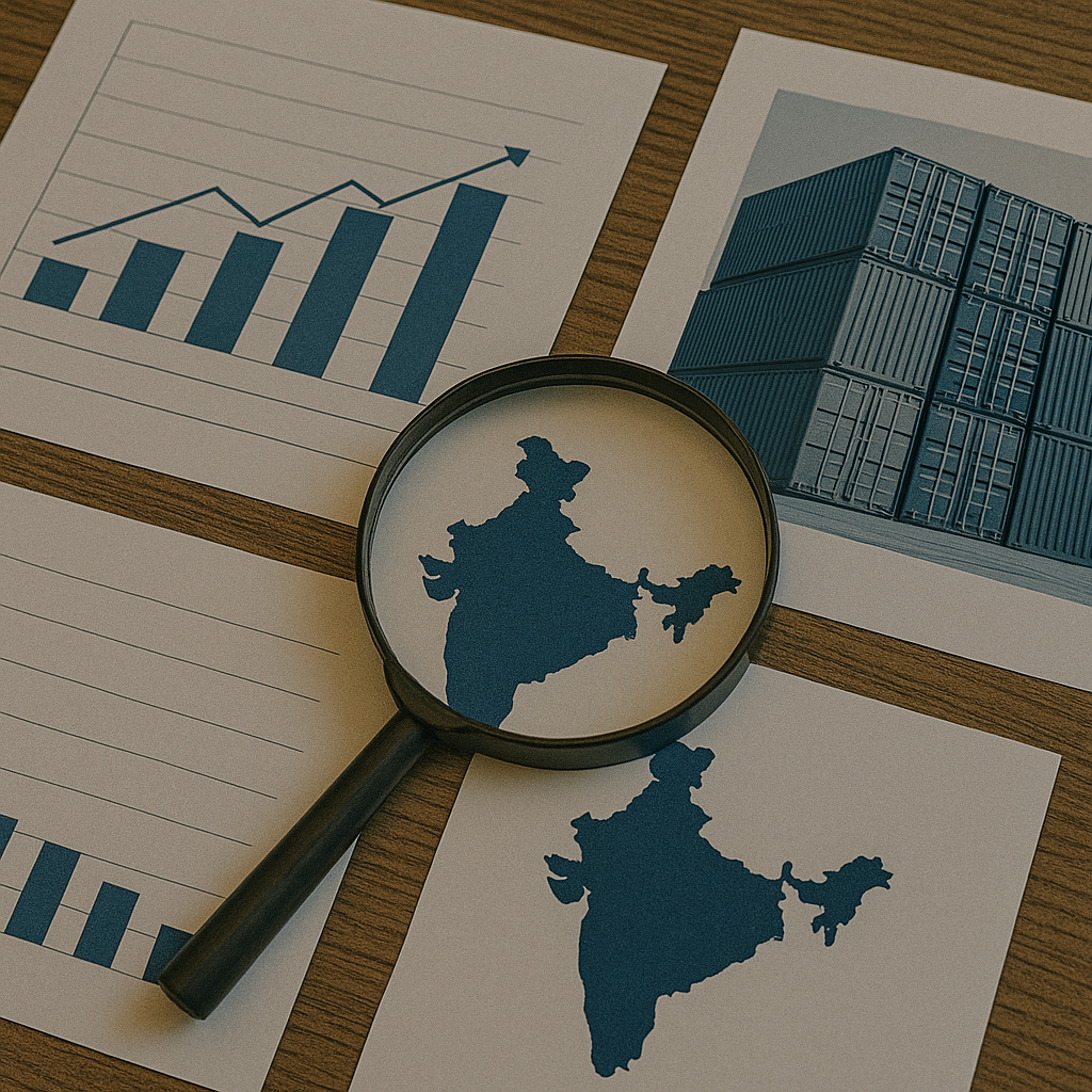 Magnifying glass examining the map of India on paper, with business charts and a photo of stacked shipping containers on a wooden desk.