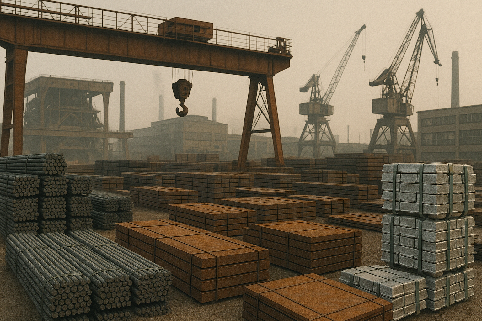 Industrial yard with stacks of metal pipes, bricks, and concrete blocks, with cranes in the background and a hazy sky.