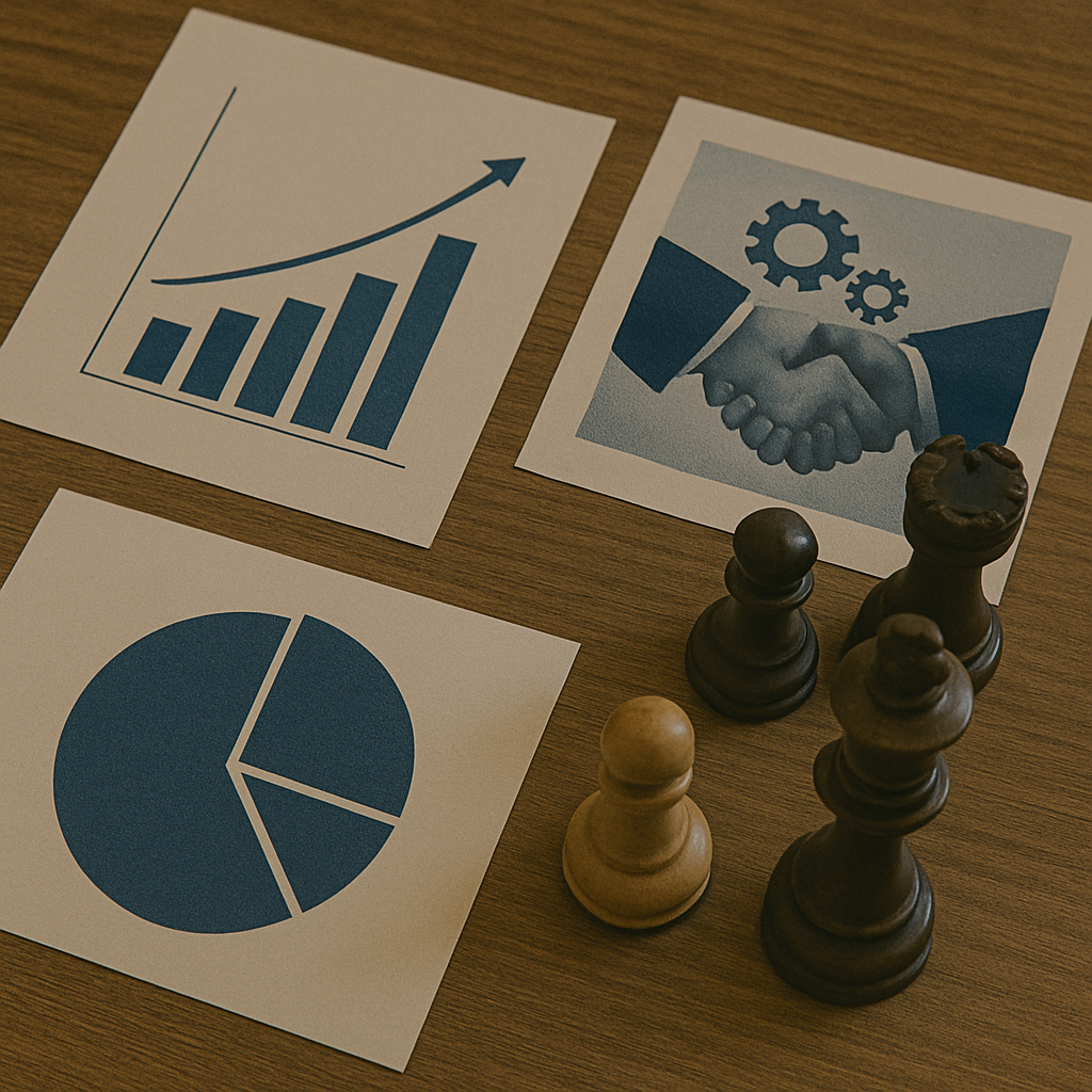 Business charts, handshake image, and chess pieces on wooden table.