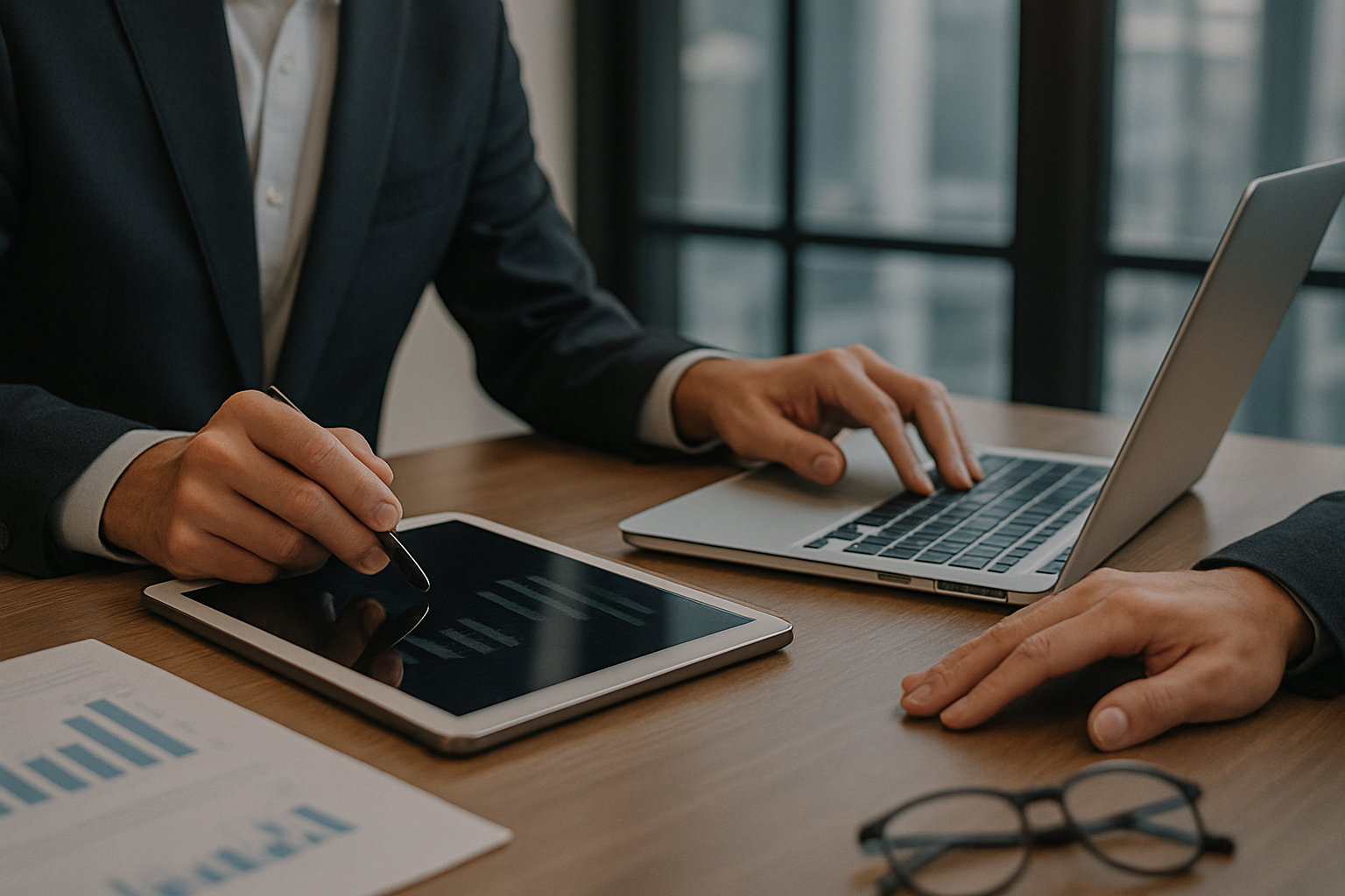 Two people working together at a wooden desk, one using a laptop and the other using a tablet with a stylus, with papers and glasses nearby.