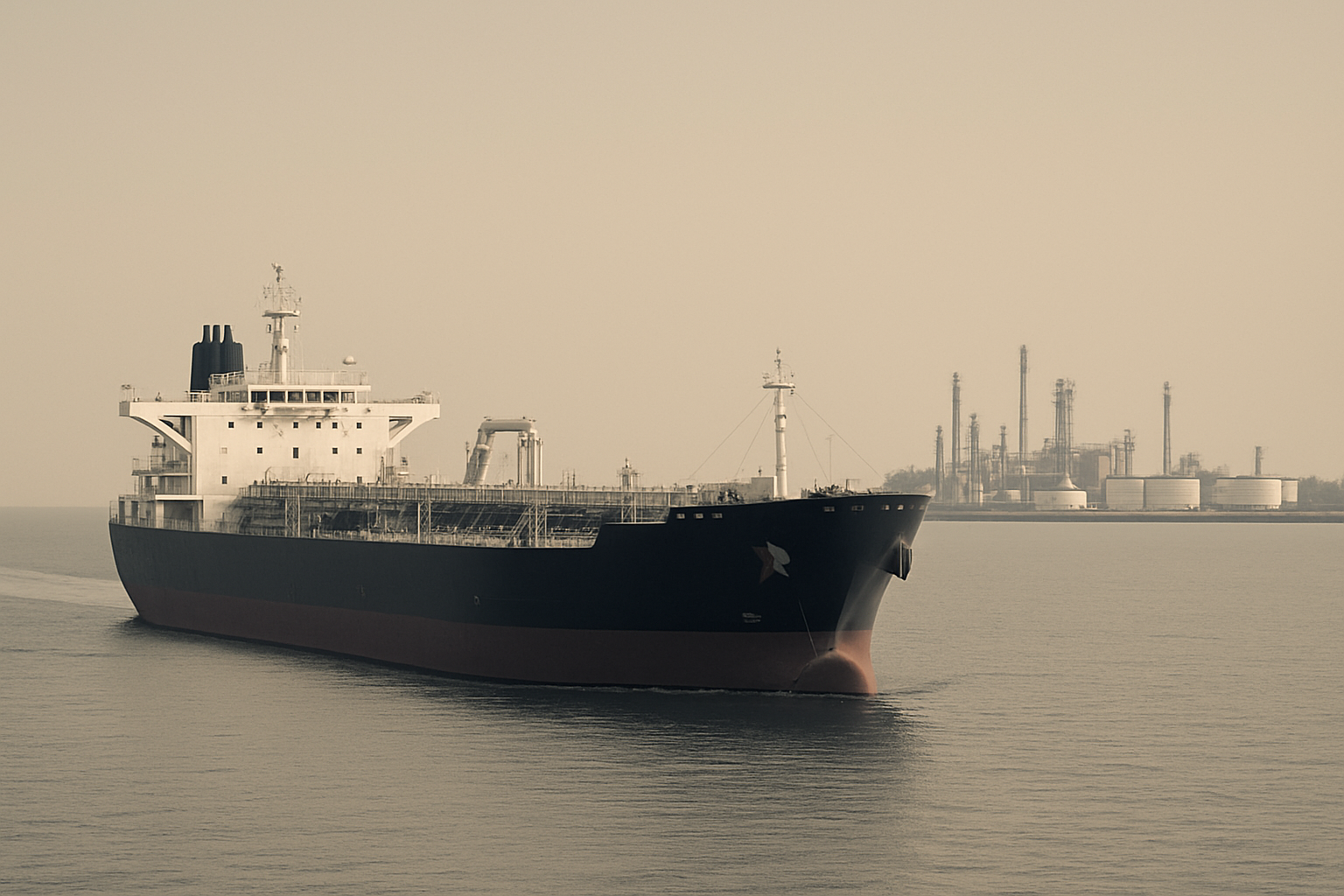 A large cargo ship sailing on calm water near an industrial port with factory structures and storage tanks in the background.