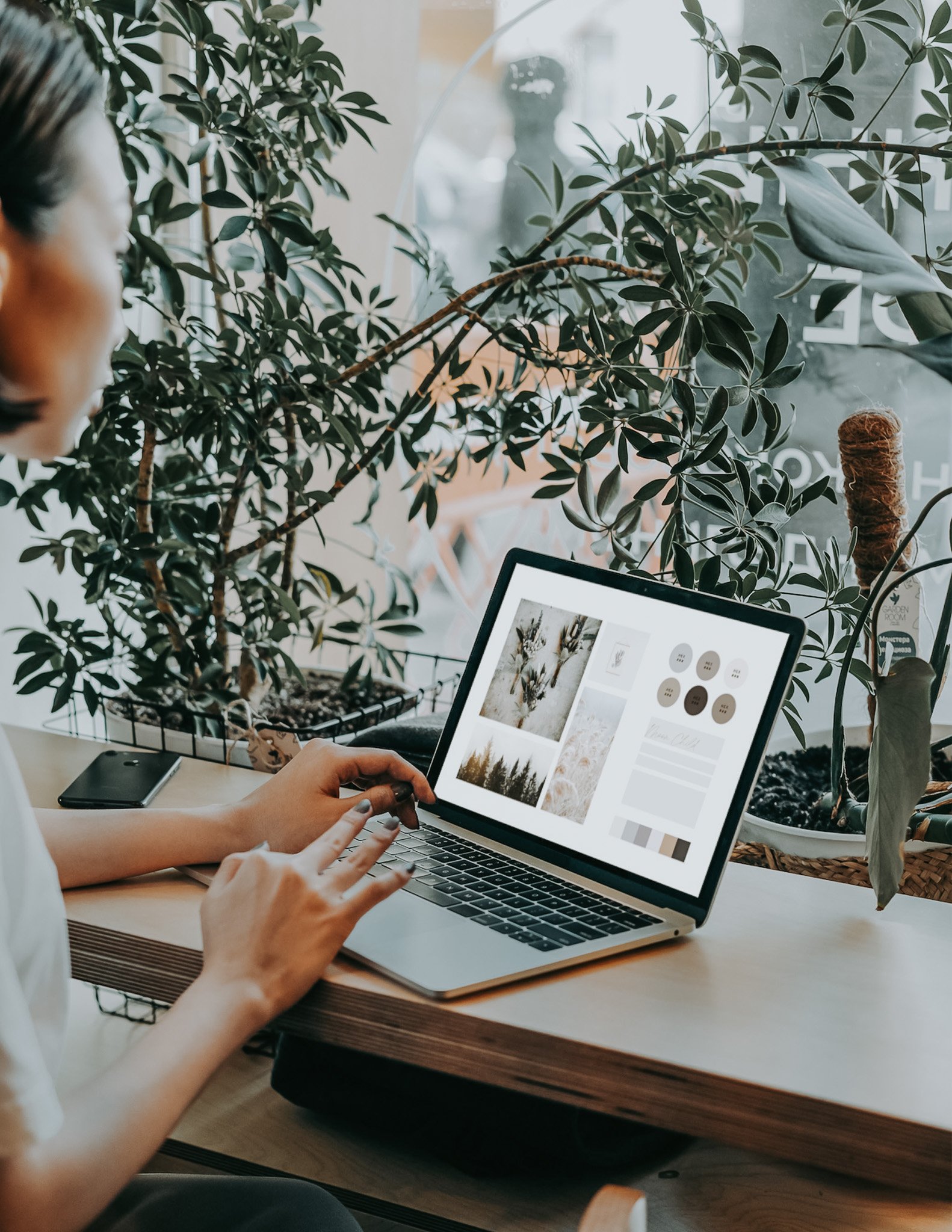A woman working on a laptop at a wooden desk, with plants and natural light in a cozy indoor setting.