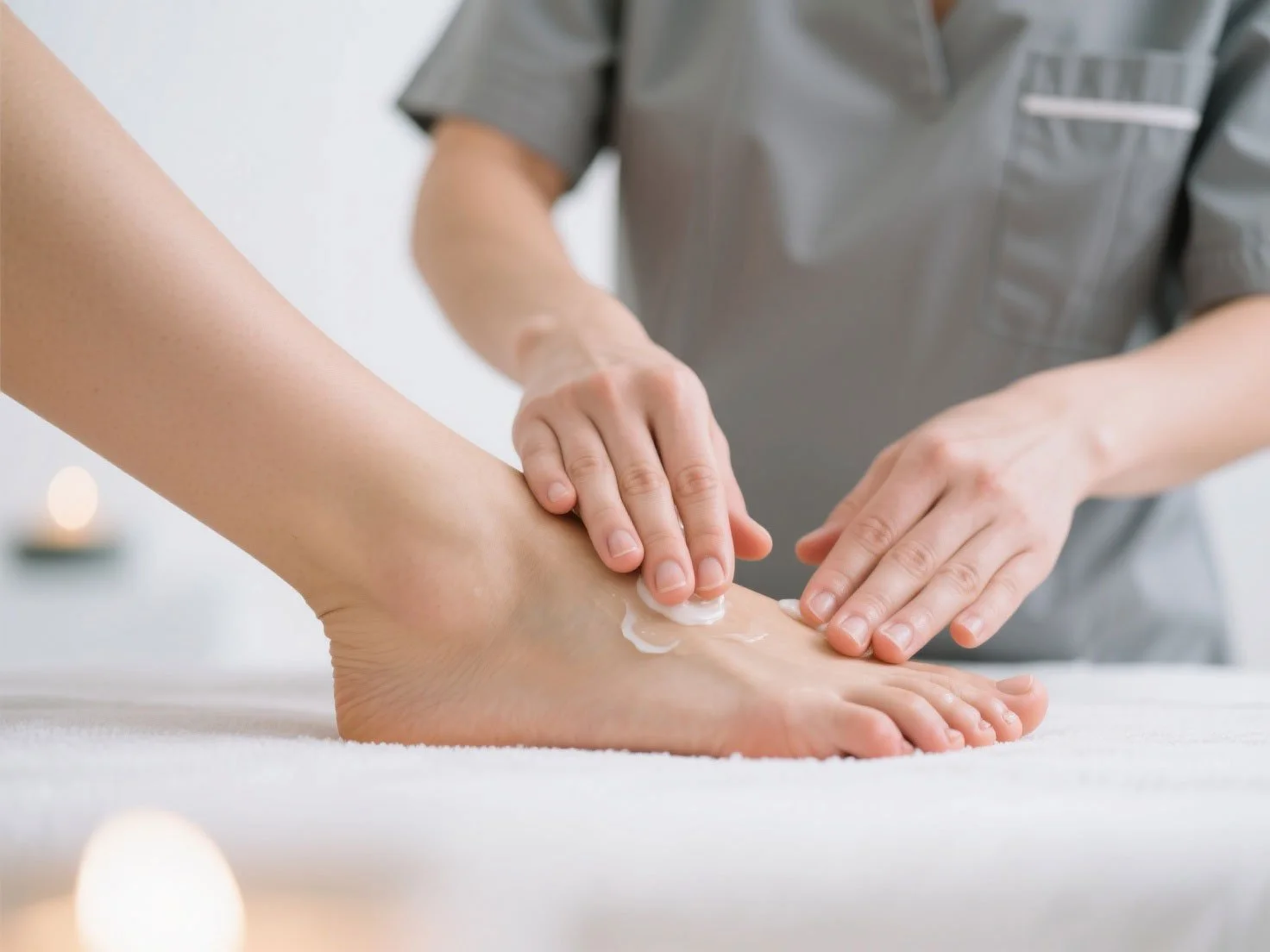 A person is applying lotion or massage oil to another person's foot in a spa or massage setting.
