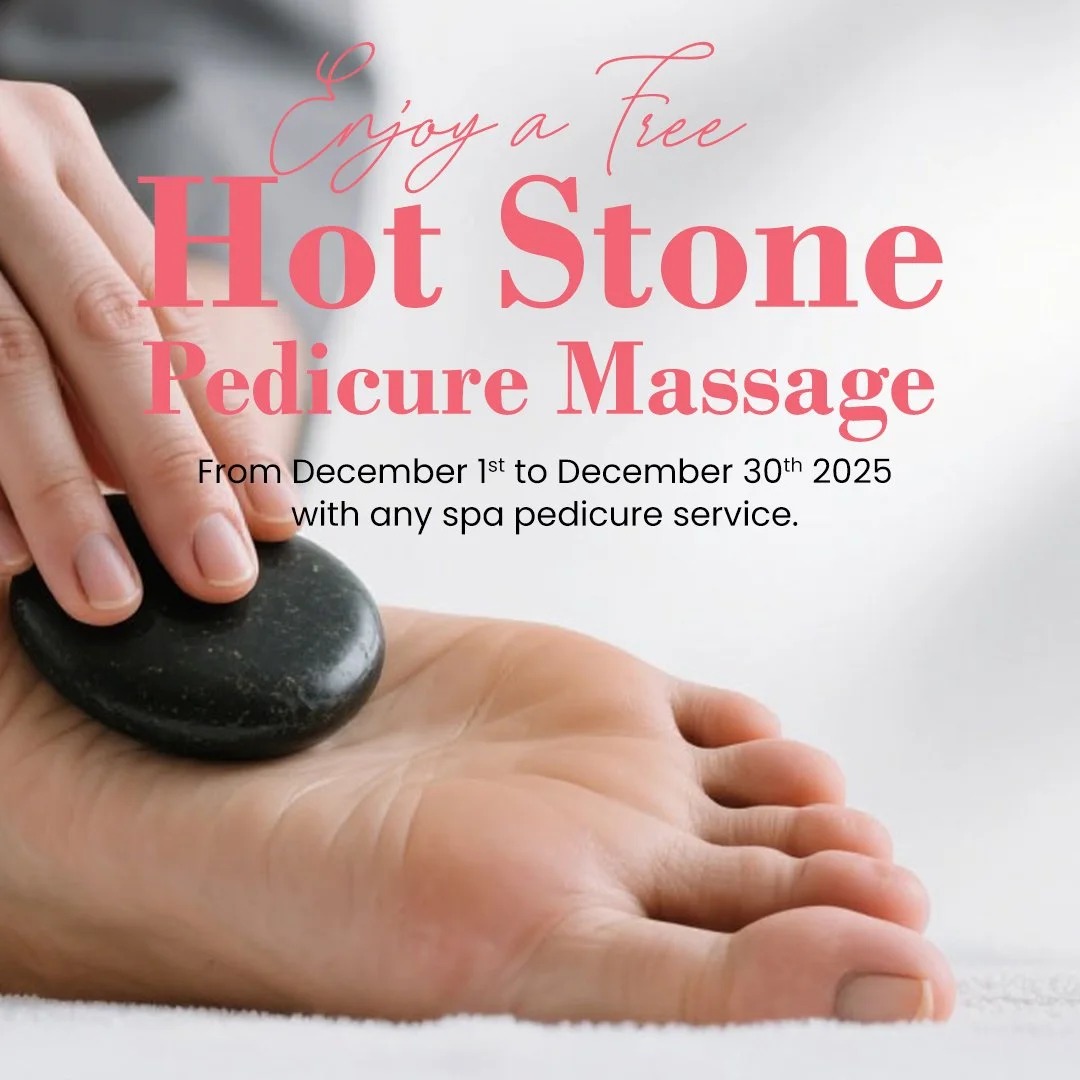 Step into bliss this December! 🤩 Treat your feet to a FREE hot stone pedicure massage with any spa pedicure service you book. Pure relaxation from Dec 1st - 30th, 2025. Book now &amp; unwind! 💖
.
.
.
.
.
#HotStonePedicure
#SpaPedicure
#FreeMassage
