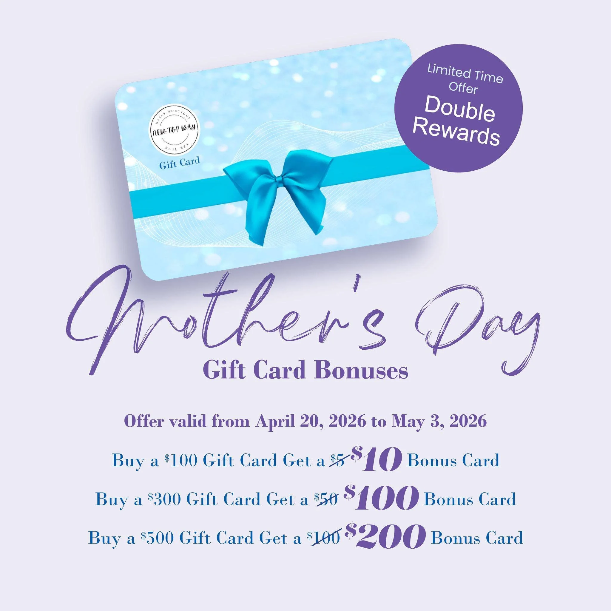 Want to be the favorite child this year? Grab a gift card for Mom and get a massive bonus for yourself. 

Starting April 20:
- $100 GC = $10 bonus
- $300 GC = $100 bonus (Wait, what?!)
- $500 GC = $200 bonus

Valid through May 3rd only. Don't sleep o