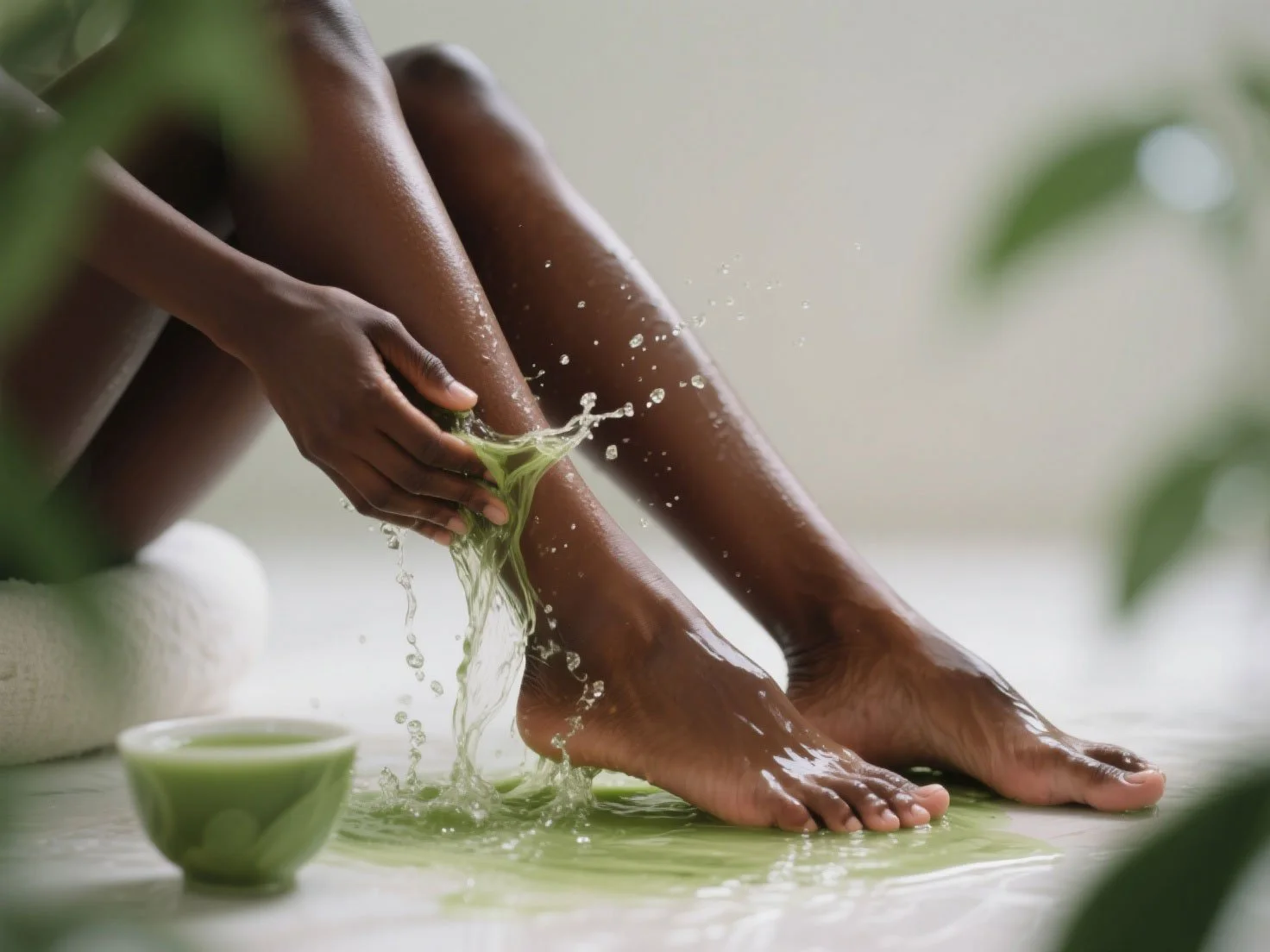 Close up shot of a beautiful black woman legs  splashed with refreshing green tea spa pedicure.