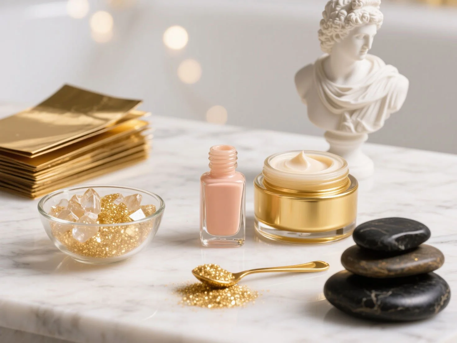 A marble surface holding a small bowl of gold and clear decorative stones, a light pink nail polish, a gold and clear jar of cream, a gold spoon with gold glitter, a small bust statue of a woman, and three stacked black and grey stones.