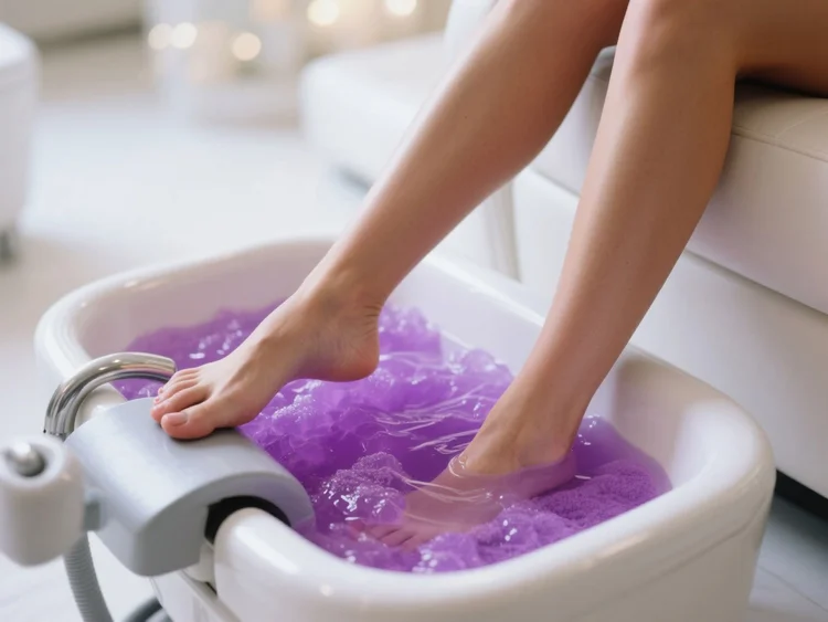 P&eacute;s em Jelly Spa roxo em bacia profissional