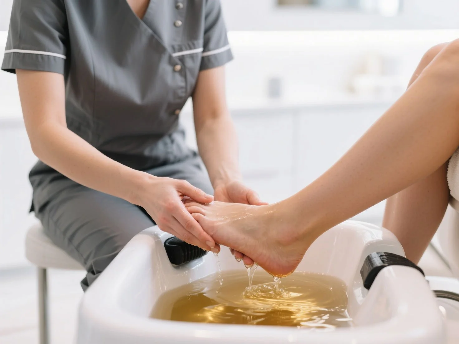 A person is receiving a foot soak from a professional in a spa or clinic setting, with their bare foot submerged in a basin filled with warm water as the professional gently holds it.