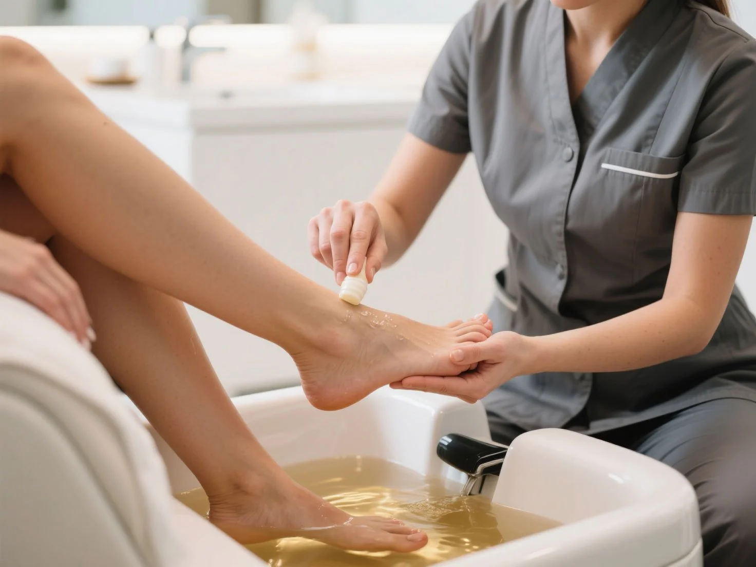 A person receiving a foot soak bath while a healthcare worker applies lotion or ointment to their foot.
