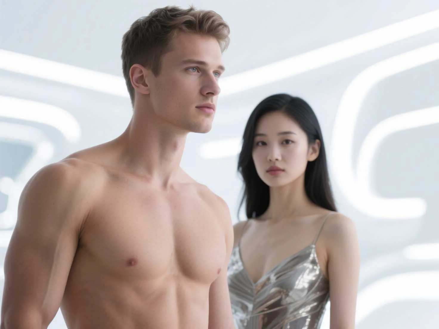 A shirtless young man with short blond hair standing in front, and a young woman with long black hair in a silver dress standing behind him, in a modern, sleek white-lit environment.