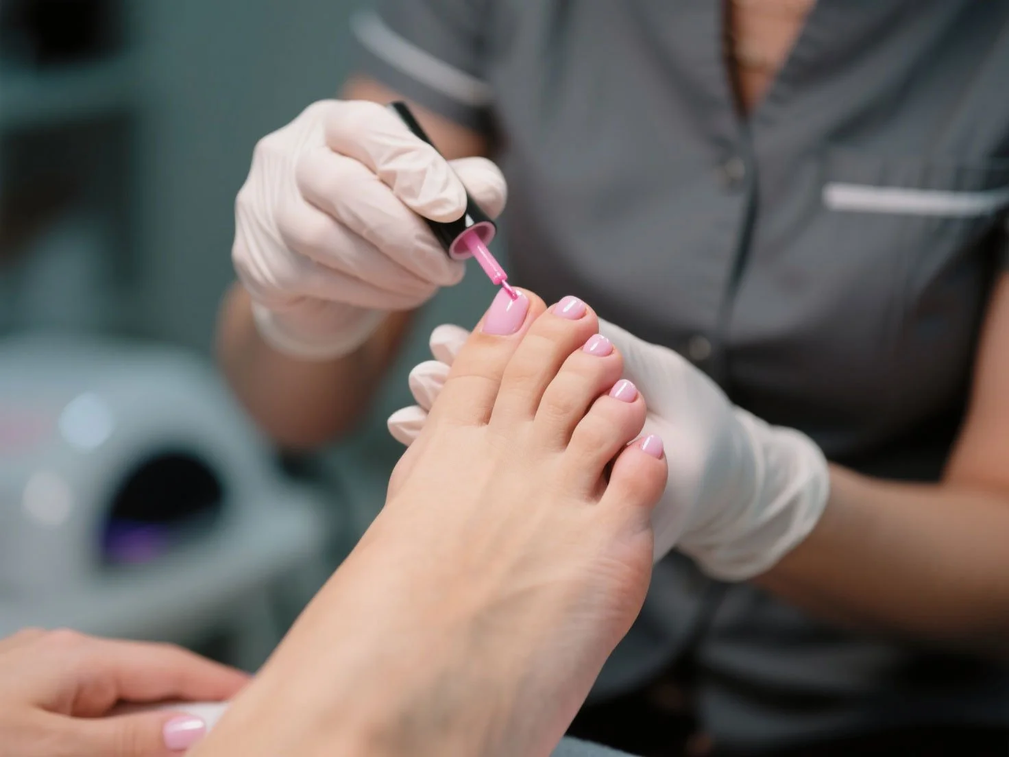 A person receiving a pedicure, getting their toenails painted with pink nail polish in a salon.